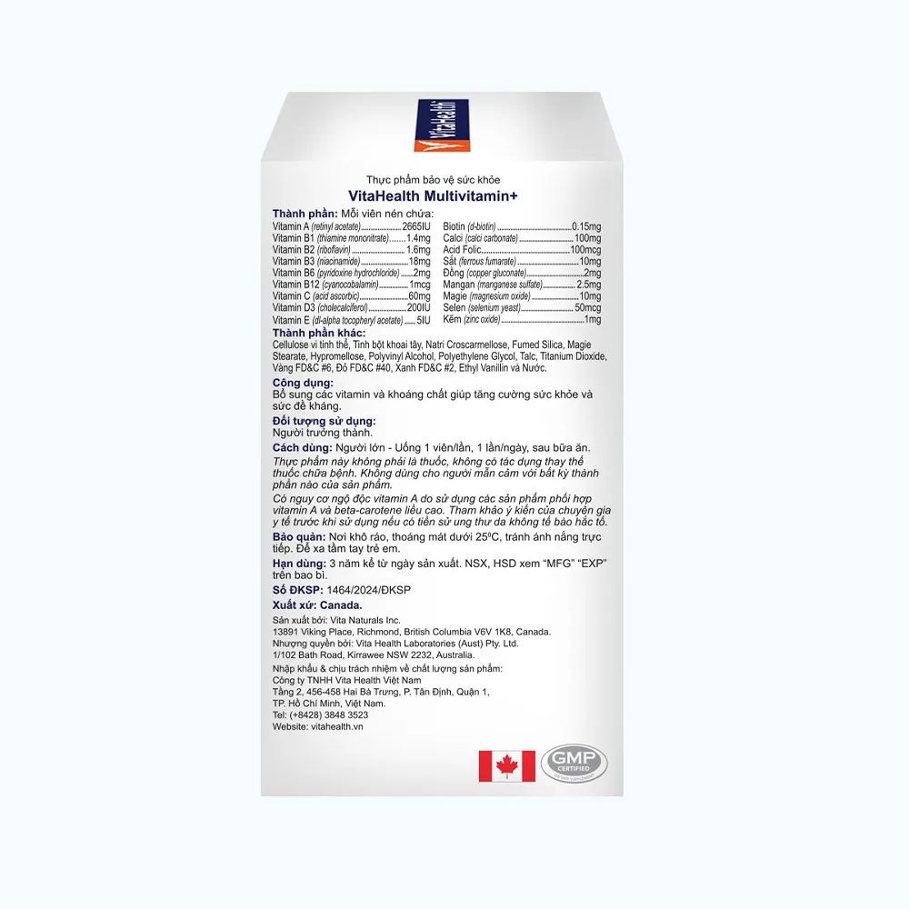 Thực phẩm bảo vệ sức khoẻ VitaHealth Multivitamin+ giúp tăng cường sức khỏe và sức đề kháng (Hộp 30 viên) 6