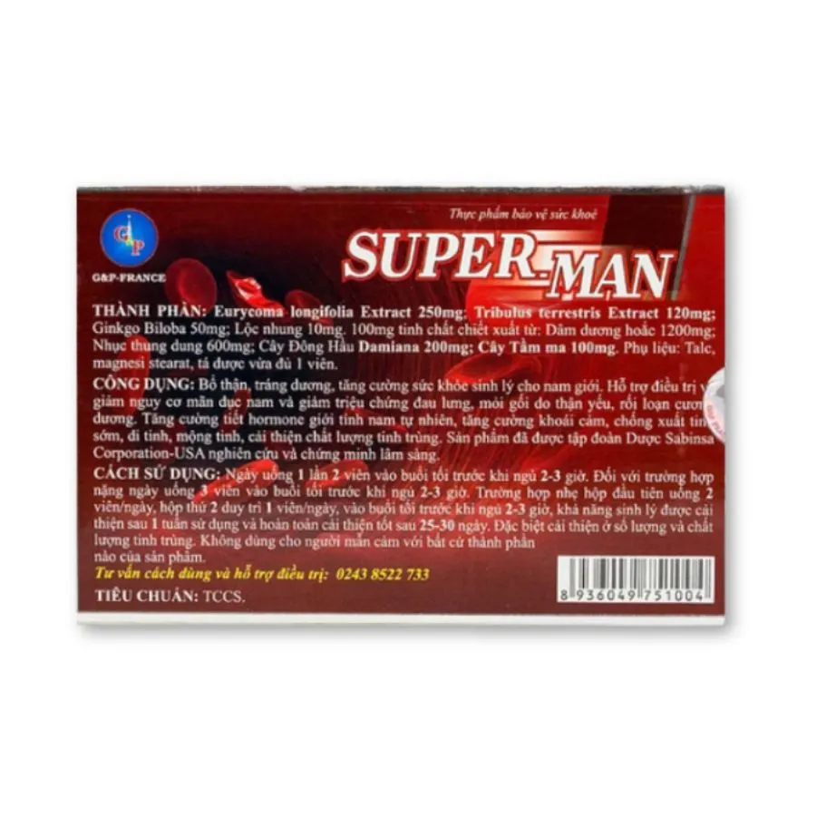 Thực phẩm hỗ trợ sinh lý nam Super Man cải thiện chất lượng tinh trùng (Hộp 20 viên) 2
