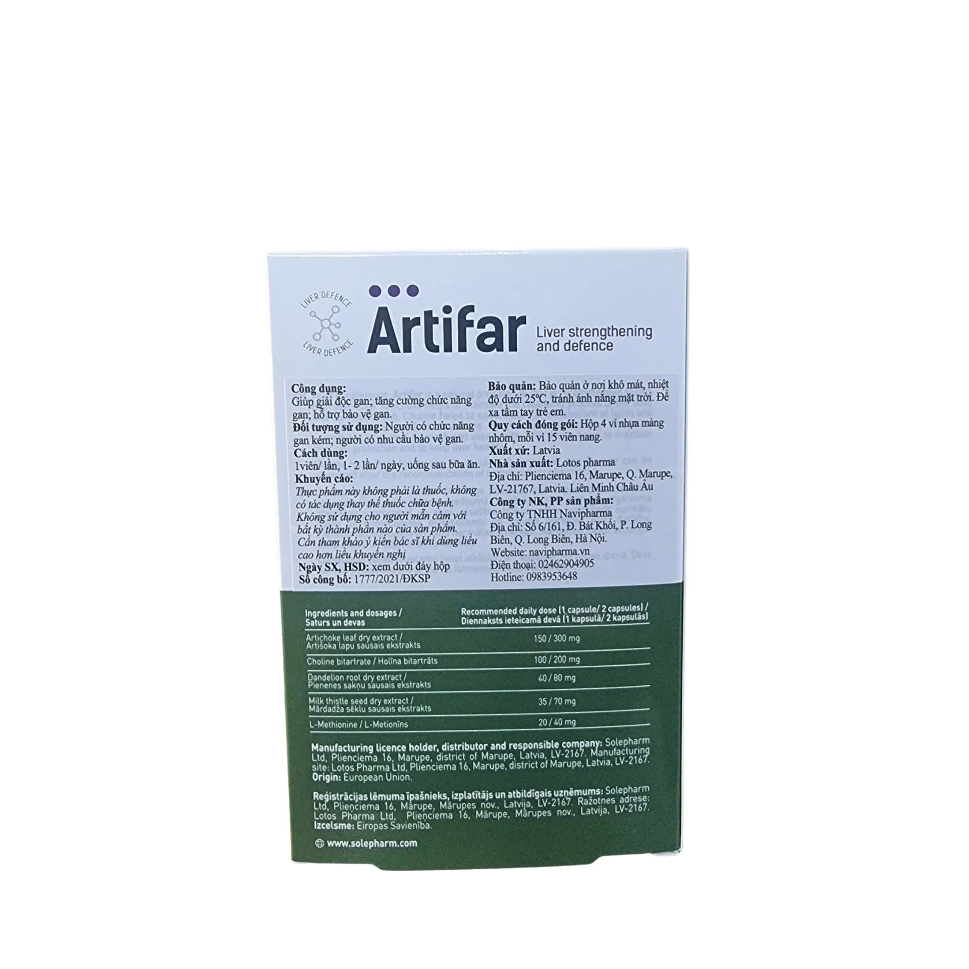 TPBVSK Artifar Liver Hỗ Trợ Chứng Năng Gan (Hộp 60 viên) 2