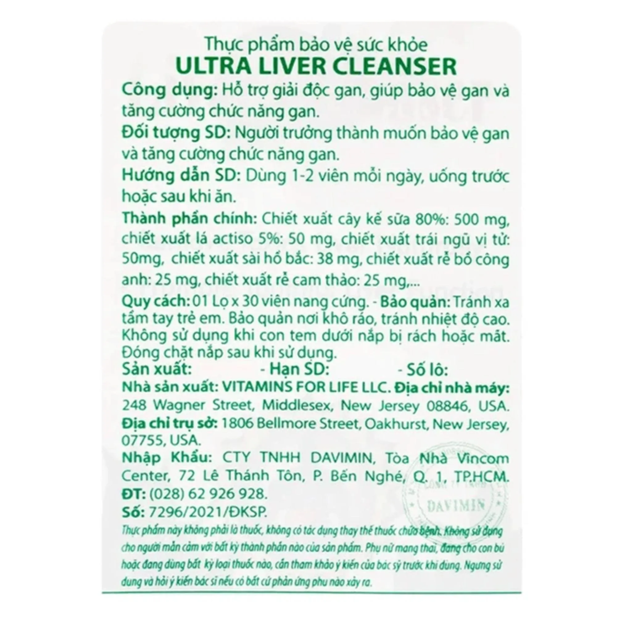 VIÊN UỐNG BẢO VỆ GAN ULTRA LIVER CLEANSER VITAMINS FOR LIFE 30V 10