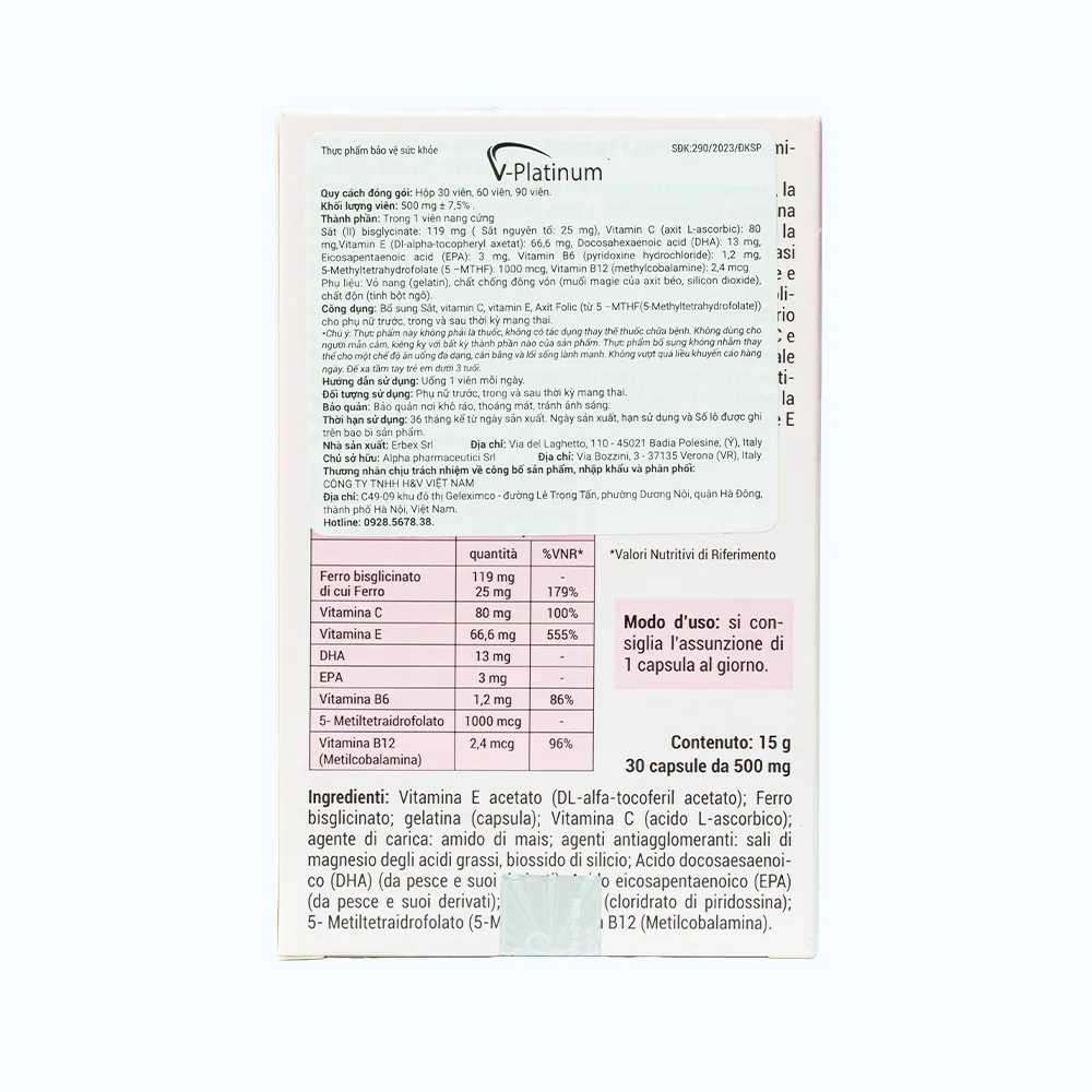 V-Platinum bổ sung Axit Folic cho phụ nữ trước, trong và sau mang thai (Hộp 30 viên) 3