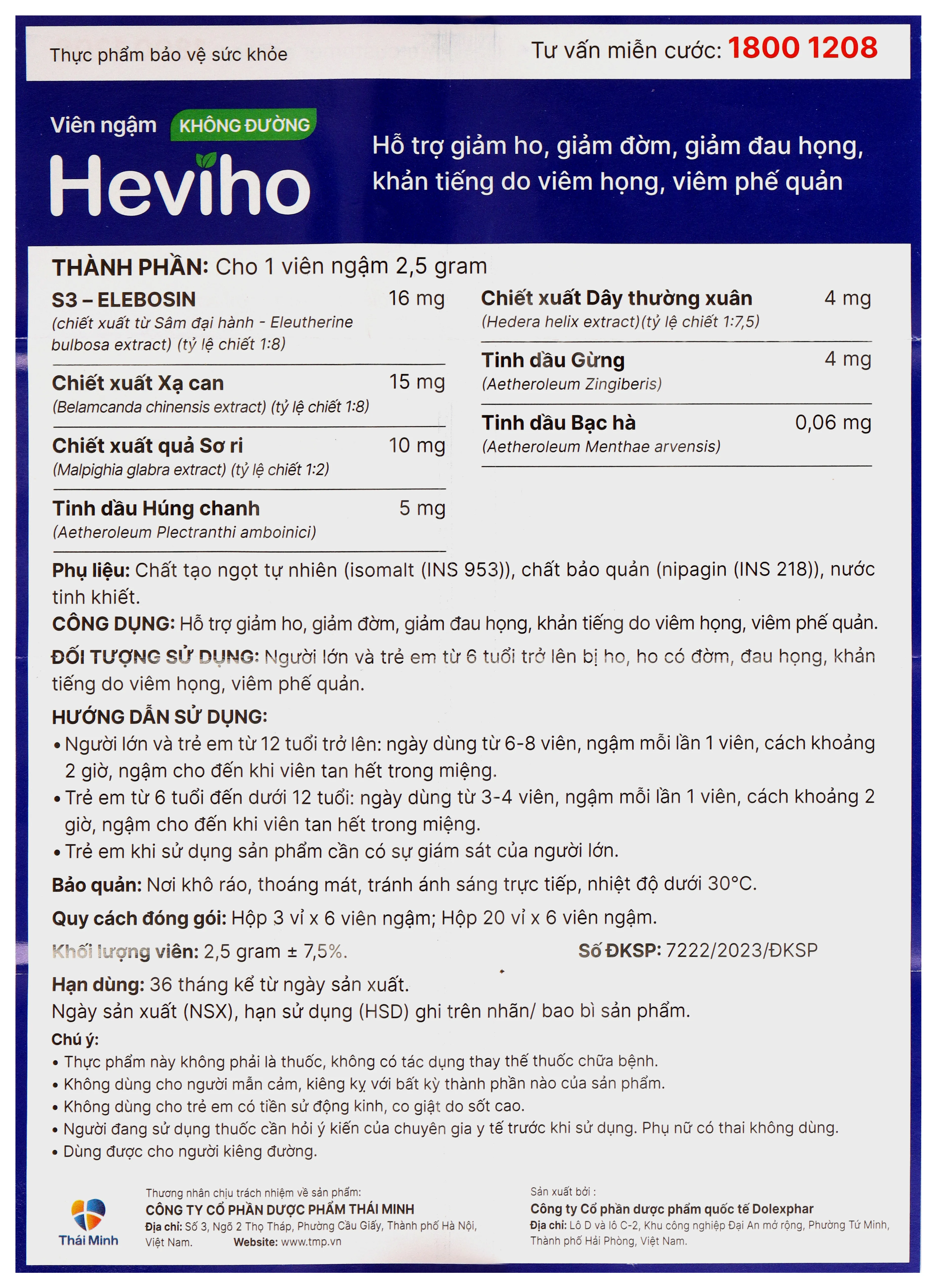Viên ngậm Heviho không đường hỗ trợ giảm ho hộp 18 viên 10