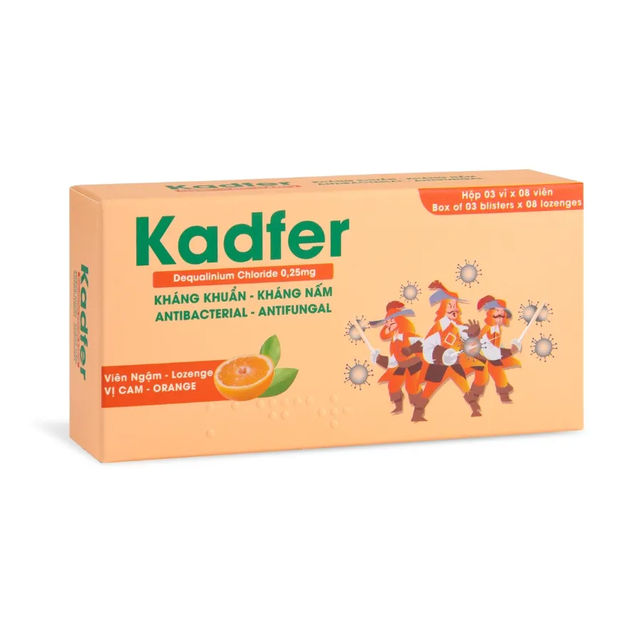 Viên ngậm Kadfer hỗ trợ viêm họng, đau họng, viêm lưỡi, viêm miệng, loét áp tơ (Hộp 20 viên)