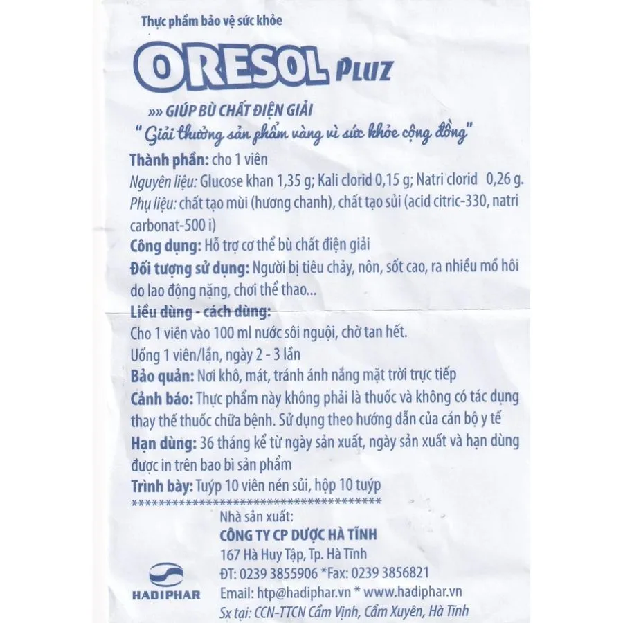 VIÊN SỦI GIÚP BÙ CHẤT ĐIỆN GIẢI ORESOL PLUZ HADIPHAR 10V 7