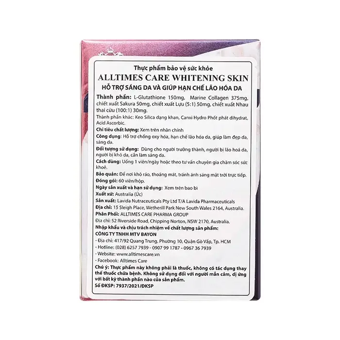 Viên uống Alltimes Care Whitening Skin hỗ trợ trắng da, chống lão hóa (Hộp 60 viên) 3