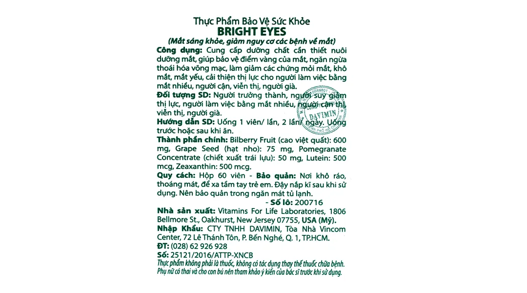 Viên Uống Bổ Mắt Vitamins For Life Bright Eye hộp 60 viên 5