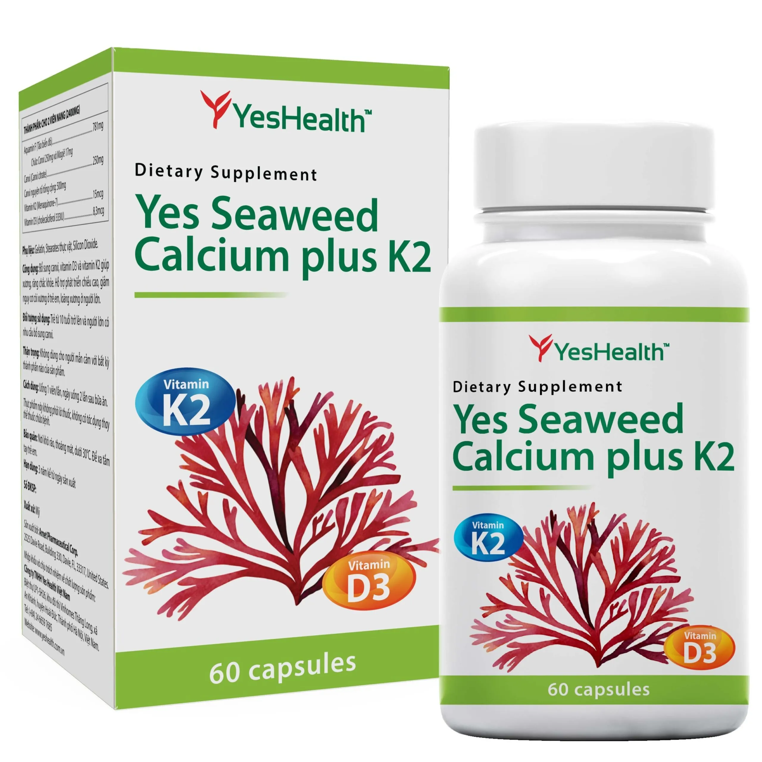 Viên uống bổ sung Canxi Yes Seaweed Calcium Plus K2 (Hộp 60 viên)