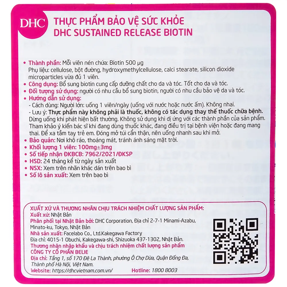 Thực Phẩm Bảo Vệ Sức Khỏe DHC Sustained Release Biotin 9