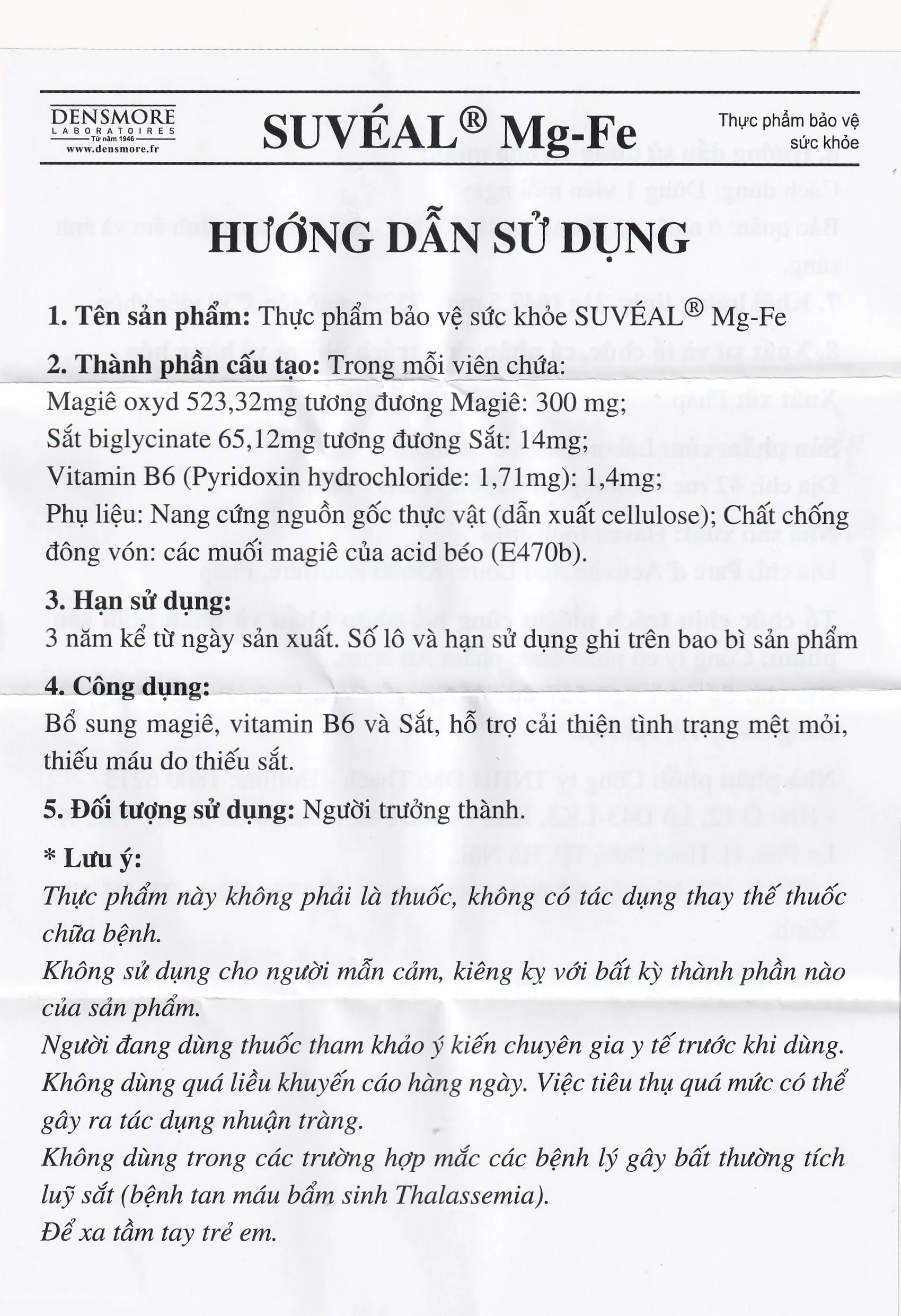 VIÊN UỐNG BỔ SUNG MAGIE, VITAMIN B6 VÀ SẮT SUVÉAL MAGNE-FER DENSMORE 2X15 8