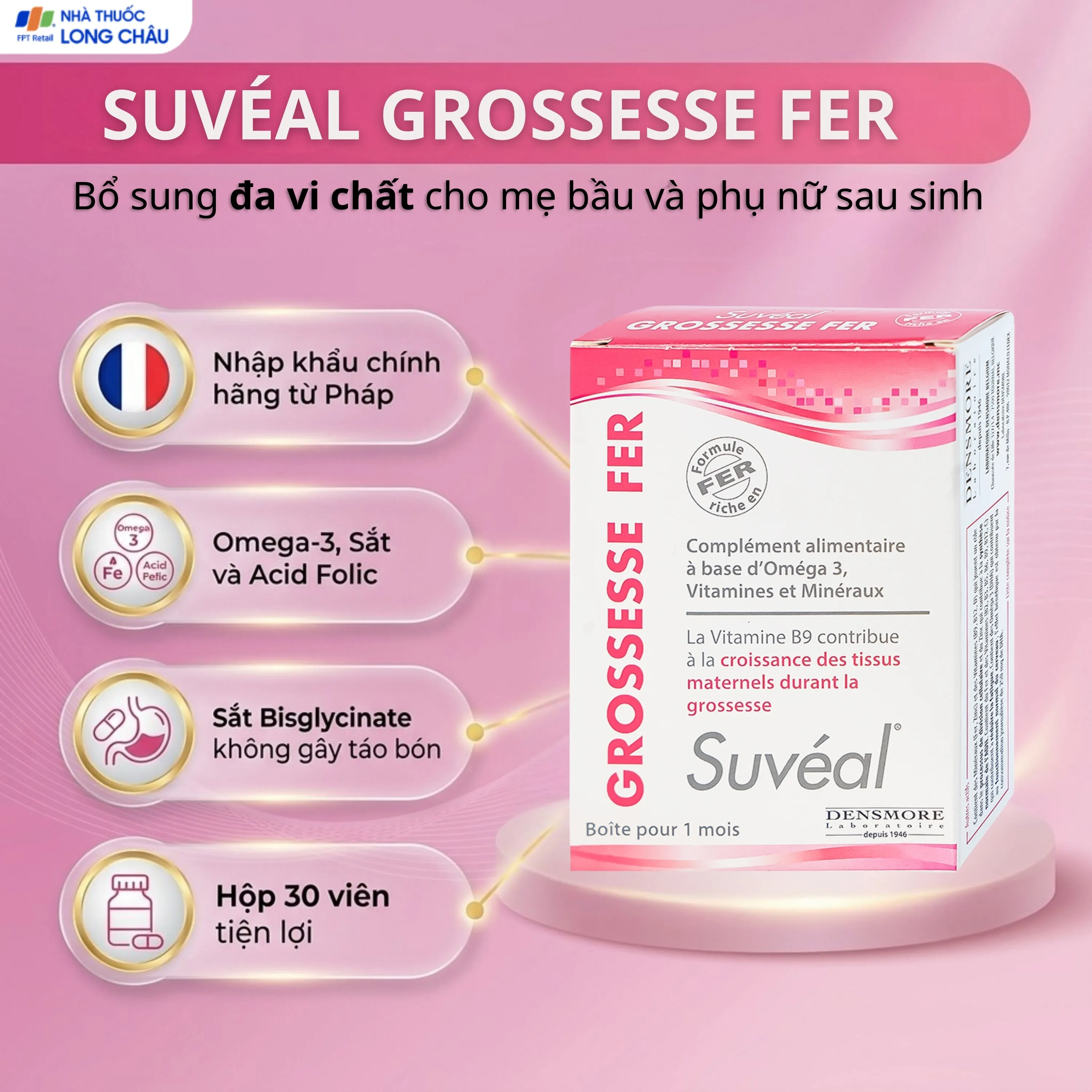 VIÊN UỐNG BỔ SUNG VITAMIN, KHOÁNG CHẤT SUVÉAL GROSSESSE FER DENSMORE 2X15 2