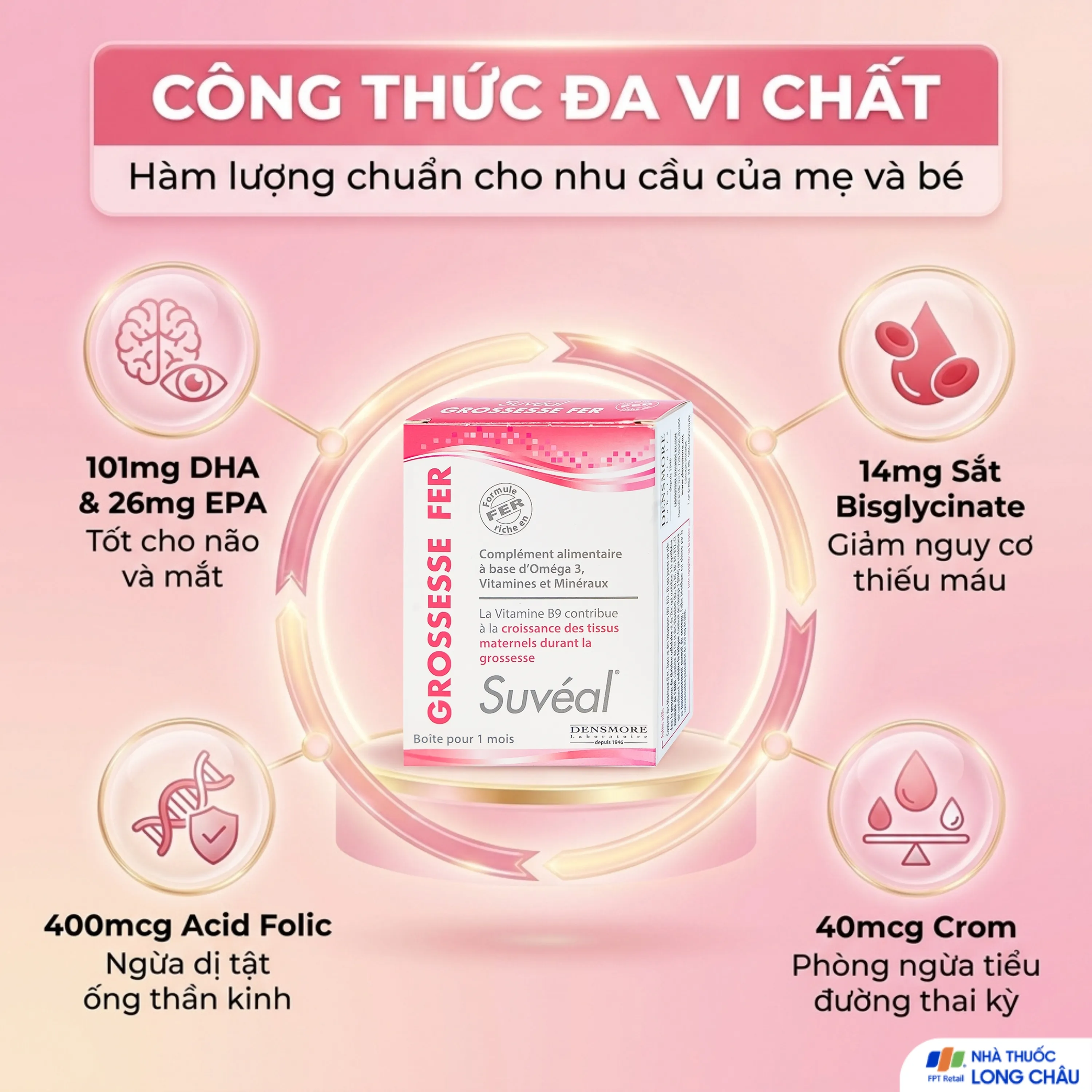 VIÊN UỐNG BỔ SUNG VITAMIN, KHOÁNG CHẤT SUVÉAL GROSSESSE FER DENSMORE 2X15 3