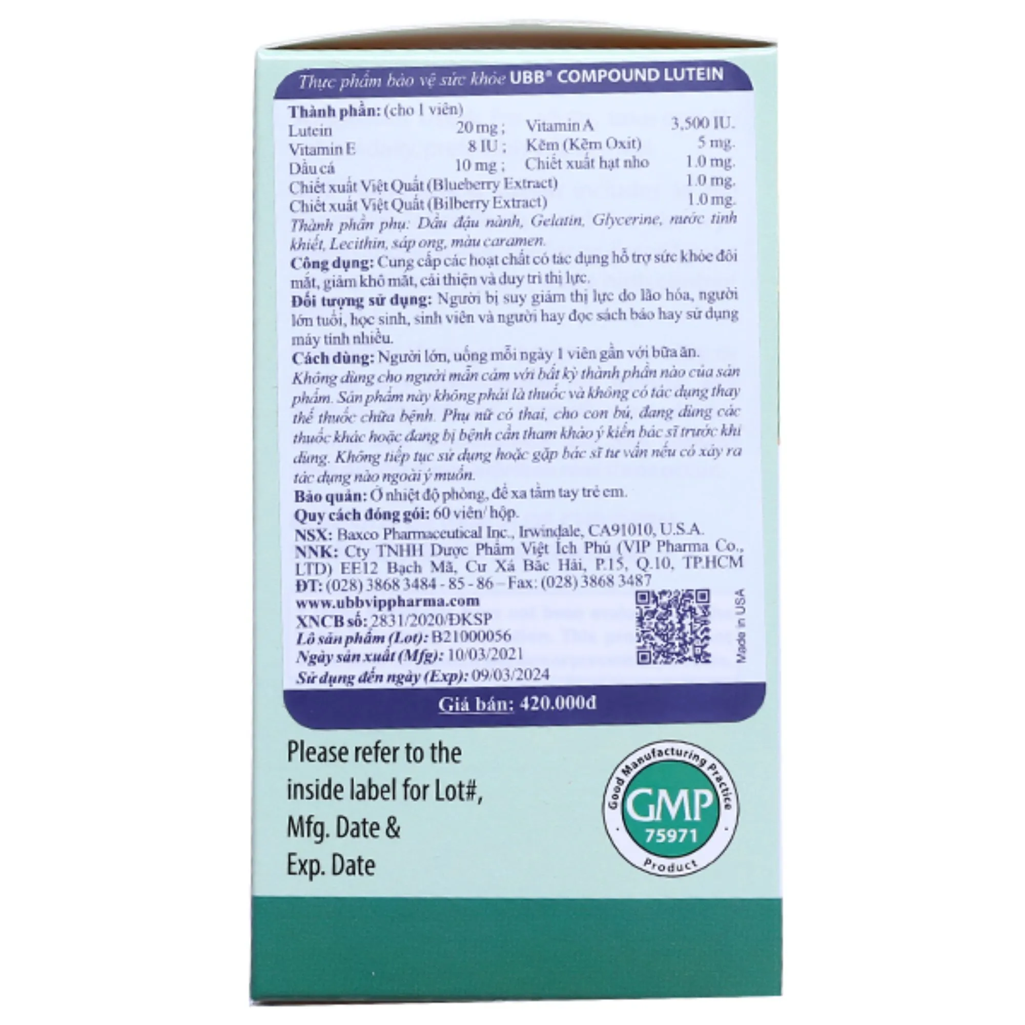 Viên uống Compound Lutein UBB – Bảo vệ mắt, chống ánh sáng xanh, hỗ trợ thị lực (60 viên) 3