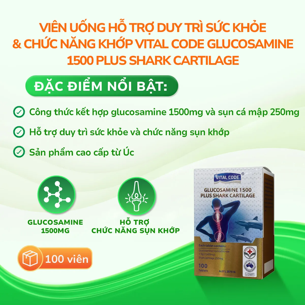 Viên uống Glucosamine 1500 Plus Shark Cartilage Vital Code hỗ trợ duy trì sức khoẻ và chức năng khớp (Hộp 100 viên) 2