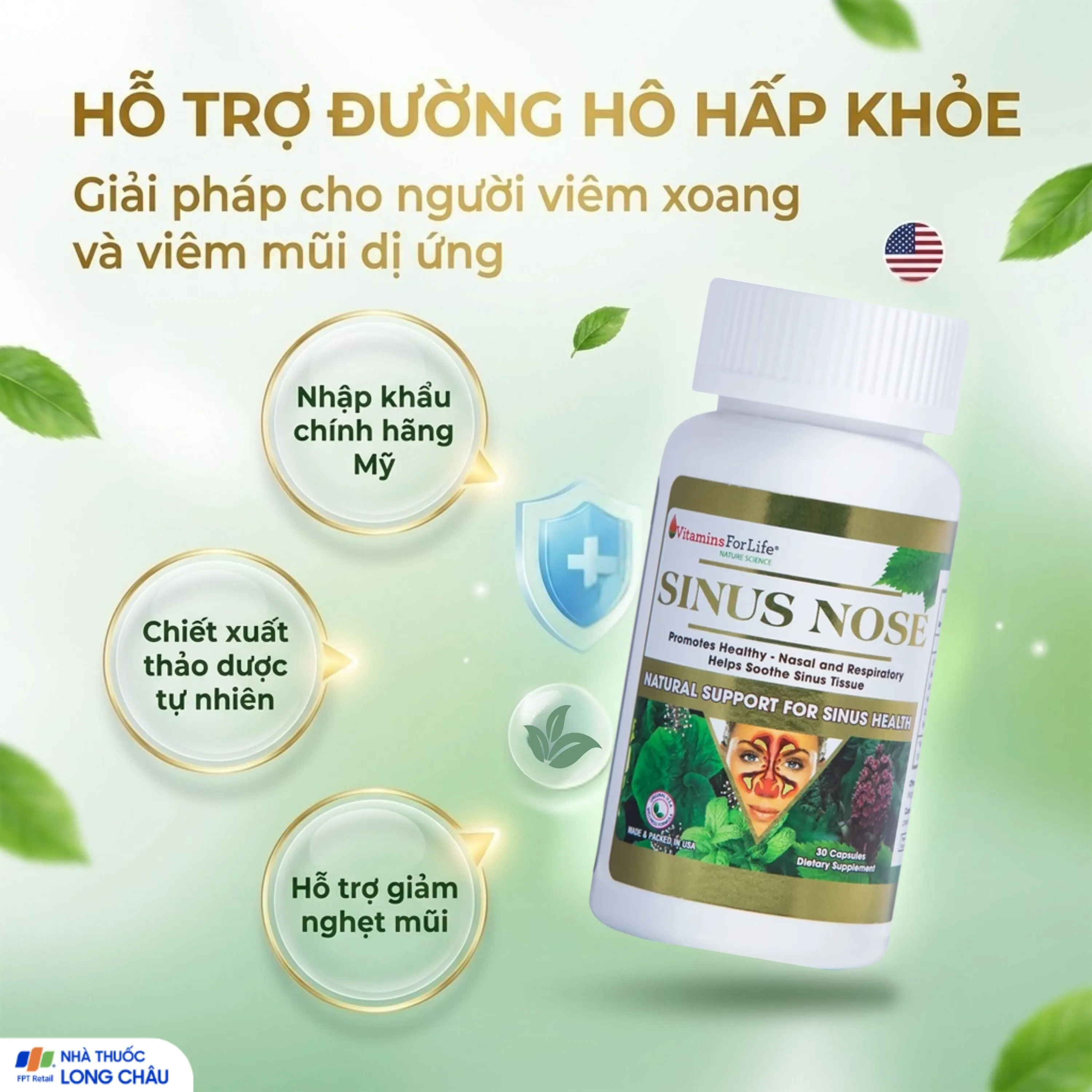 VIÊN UỐNG HỖ TRỢ ĐƯỜNG HÔ HẤP- VIÊM XOANG-VIÊM MŨI DỊ ỨNG SINUS NOSE VITAMINS FOR LIFE 60V 2
