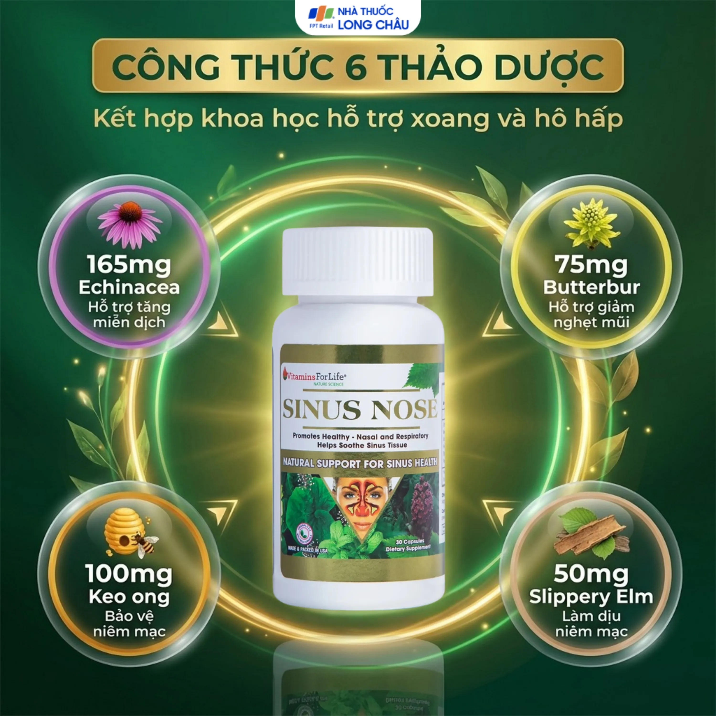 VIÊN UỐNG HỖ TRỢ ĐƯỜNG HÔ HẤP- VIÊM XOANG-VIÊM MŨI DỊ ỨNG SINUS NOSE VITAMINS FOR LIFE 60V 3