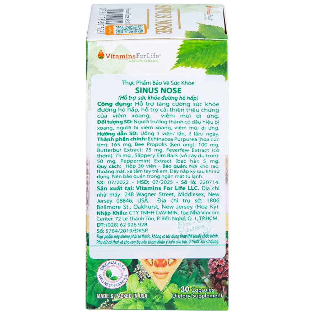 VIÊN UỐNG HỖ TRỢ ĐƯỜNG HÔ HẤP- VIÊM XOANG-VIÊM MŨI DỊ ỨNG SINUS NOSE VITAMINS FOR LIFE 60V 13