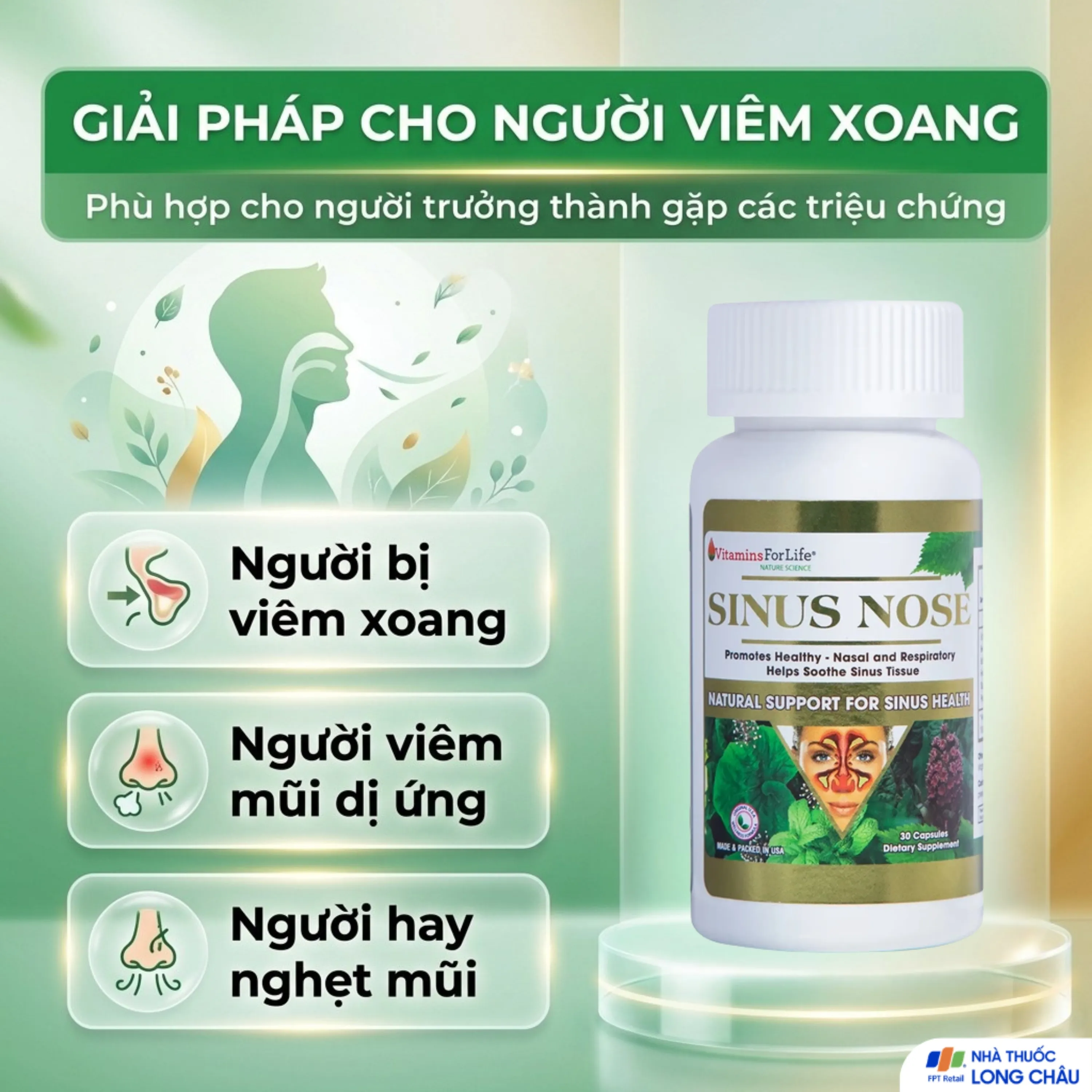 VIÊN UỐNG HỖ TRỢ ĐƯỜNG HÔ HẤP- VIÊM XOANG-VIÊM MŨI DỊ ỨNG SINUS NOSE VITAMINS FOR LIFE 60V 4