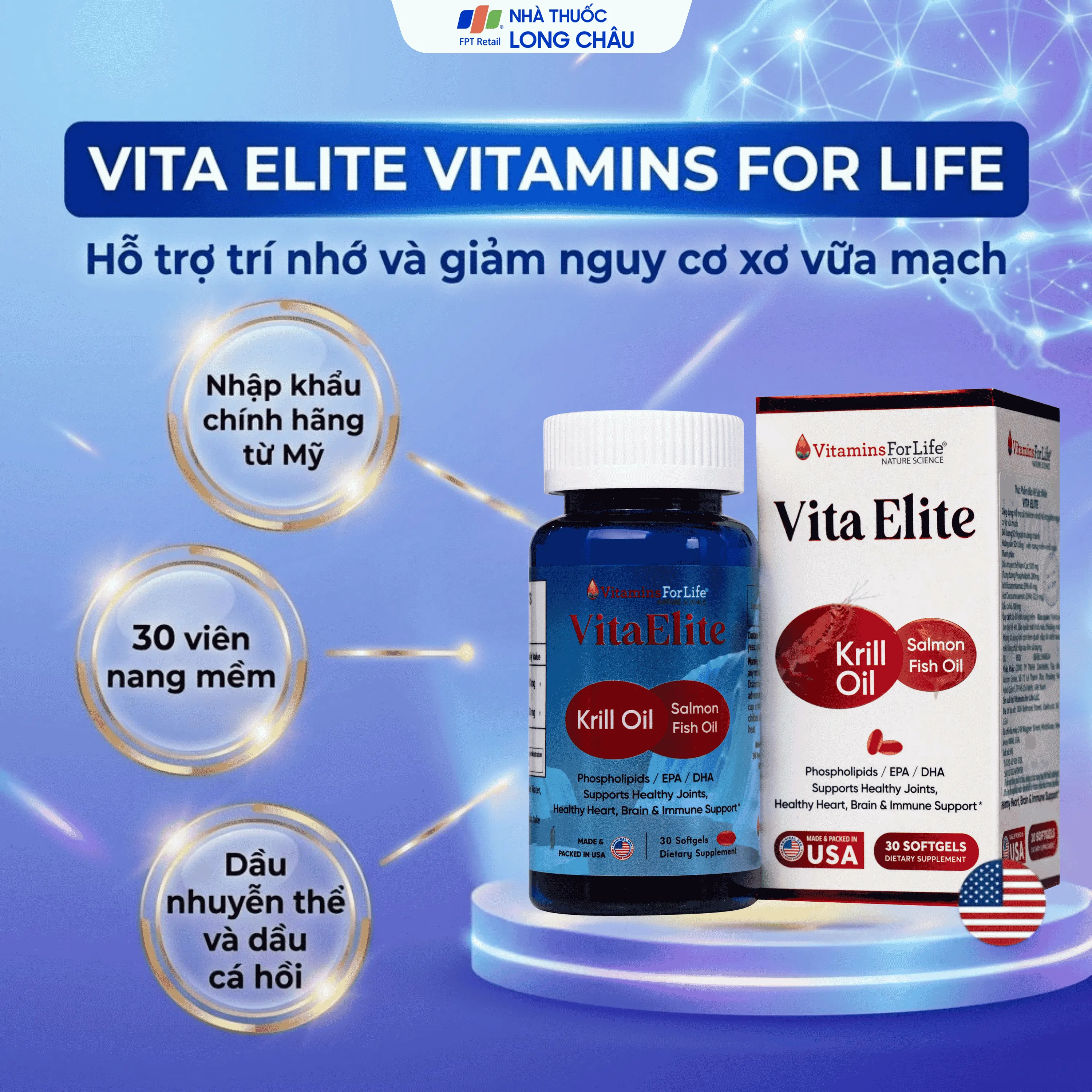 VIÊN UỐNG HỖ TRỢ CẢI THIỆN TRÍ NHỚ, HỖ TRỢ GIẢM NGUY CƠ XƠ VỮA MẠCH VITA ELITE VITAMINS FOR LIFE 30V 2