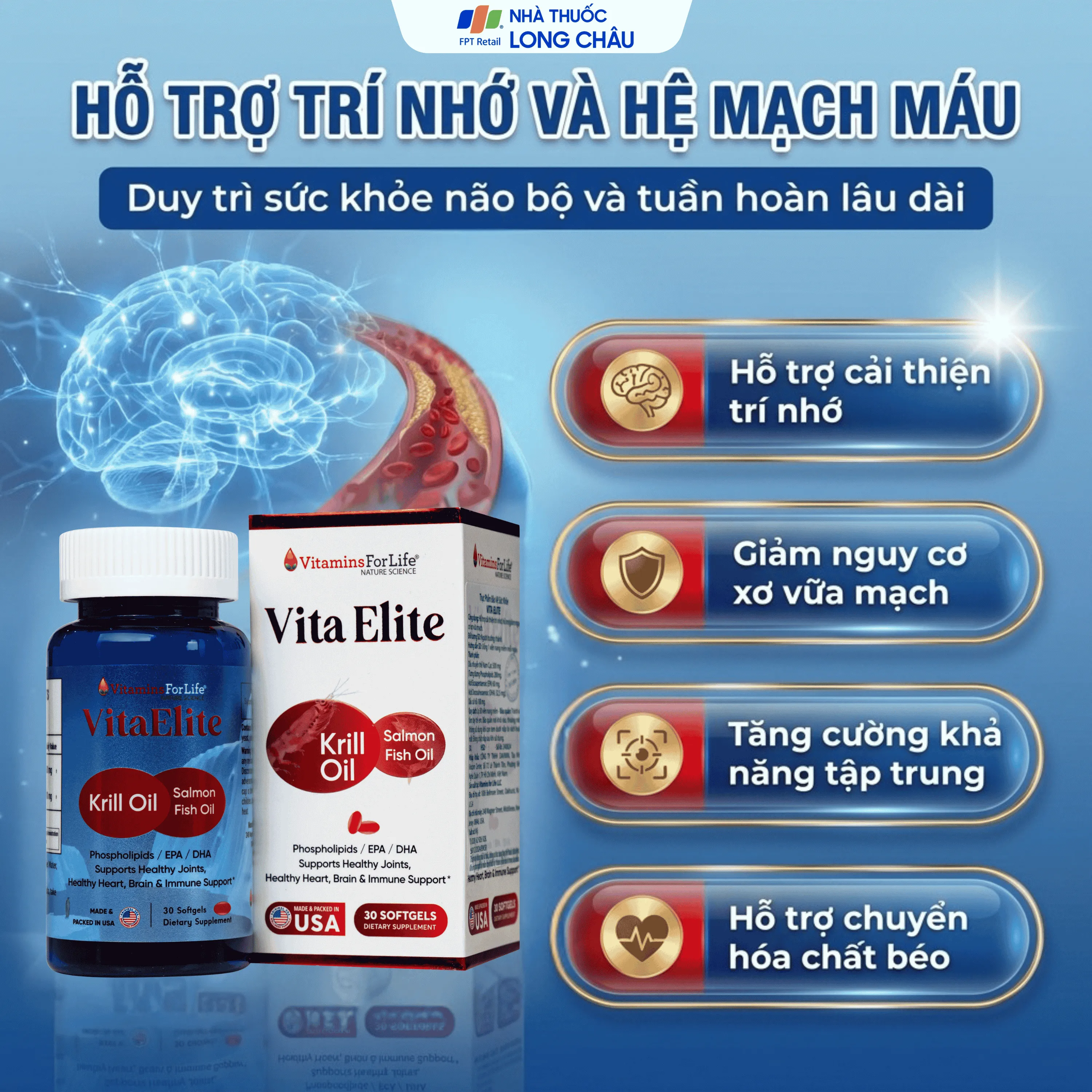 VIÊN UỐNG HỖ TRỢ CẢI THIỆN TRÍ NHỚ, HỖ TRỢ GIẢM NGUY CƠ XƠ VỮA MẠCH VITA ELITE VITAMINS FOR LIFE 30V 4