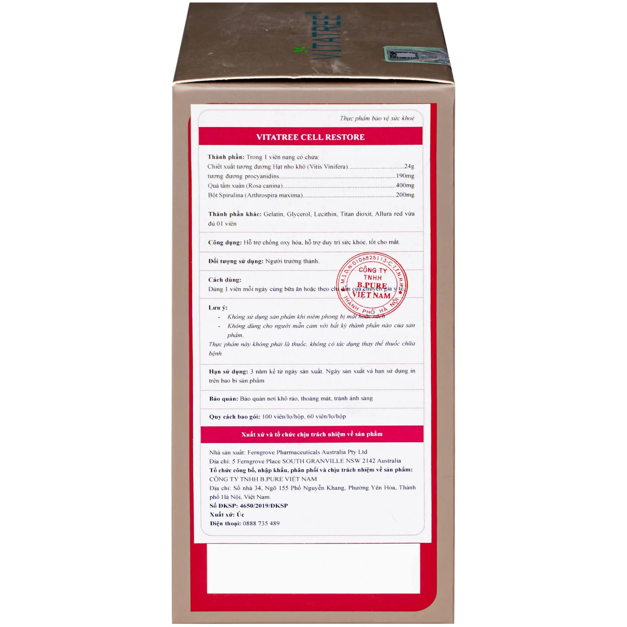 Thực phẩm bảo vệ sức khỏe Vitatree Cell Restore (Hộp 60 Viên) 9