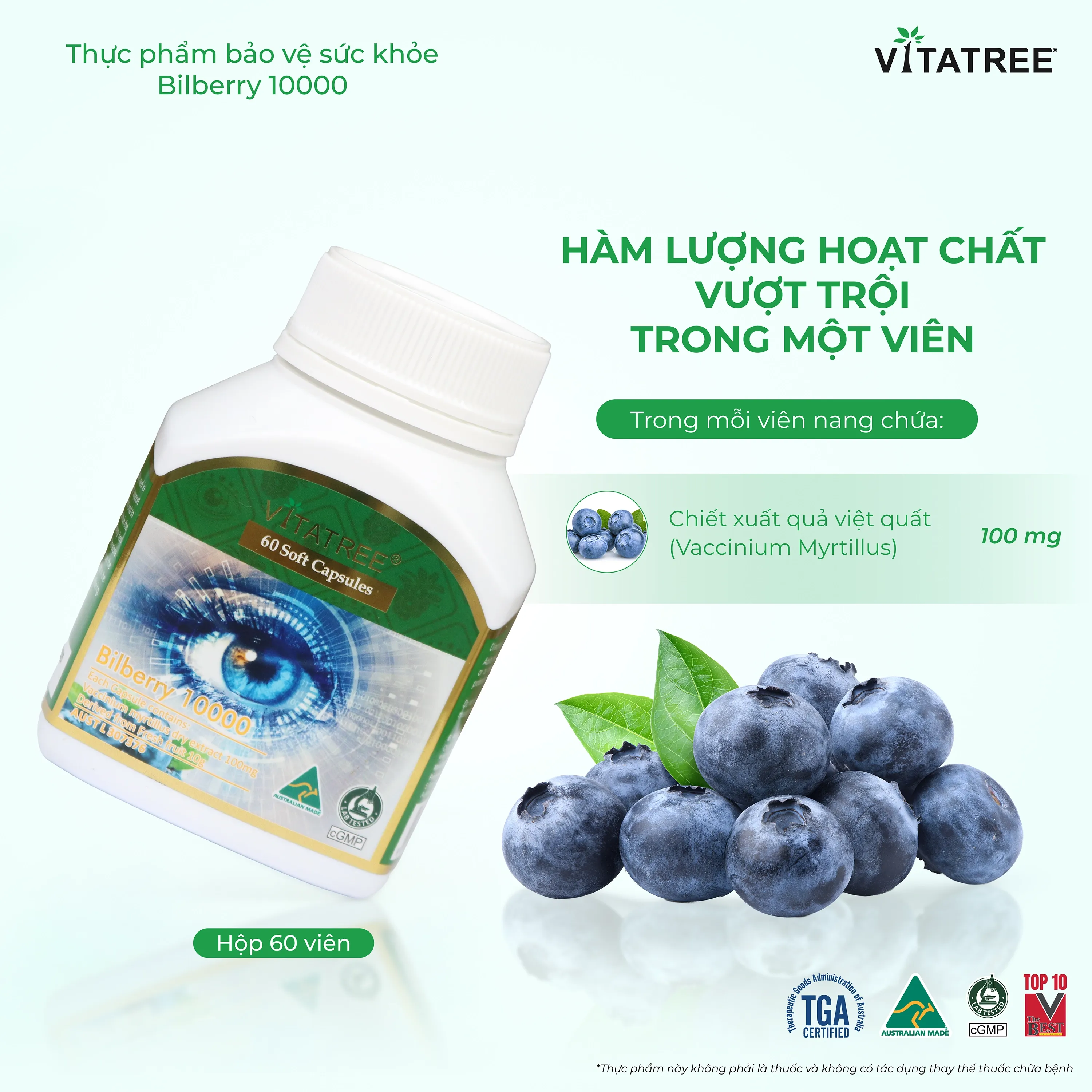 VIÊN UỐNG HỖ TRỢ DUY TRÌ SỨC KHOẺ CỦA MẮT VÀ TĂNG CƯỜNG THỊ LỰC VITATREE BILBERRY 10000 60V 3
