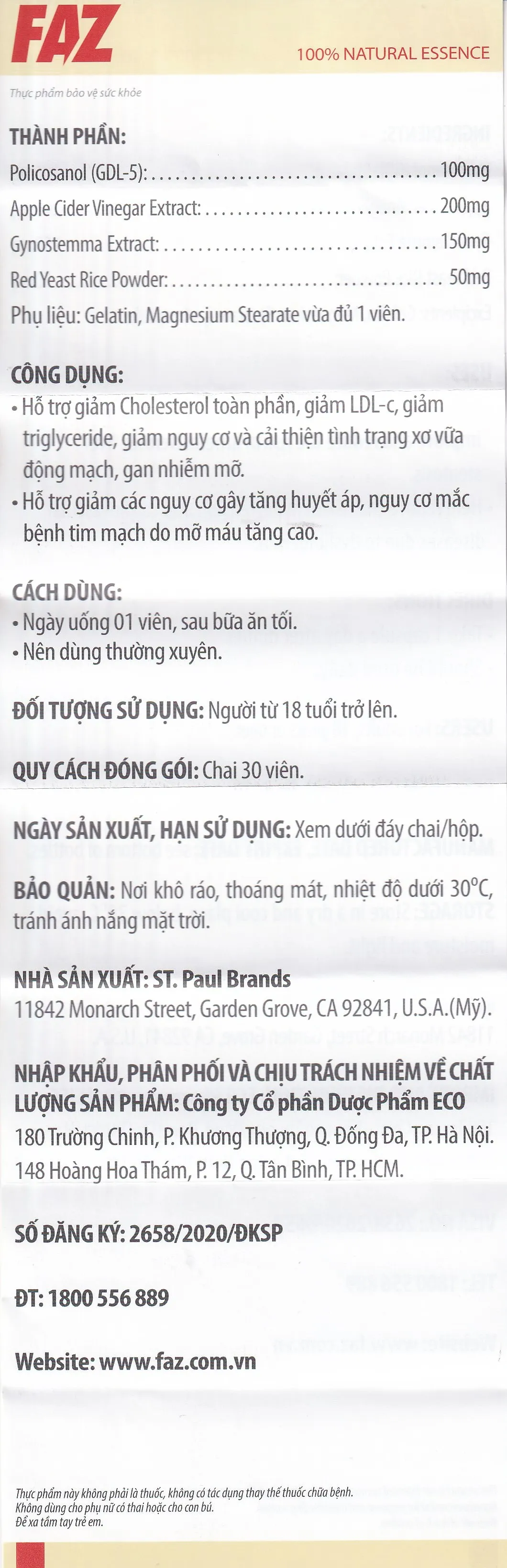 Viên uống FAZ Ecogreen hỗ trợ giảm cholesterol toàn phần, giảm LDL-c (30 viên) 9