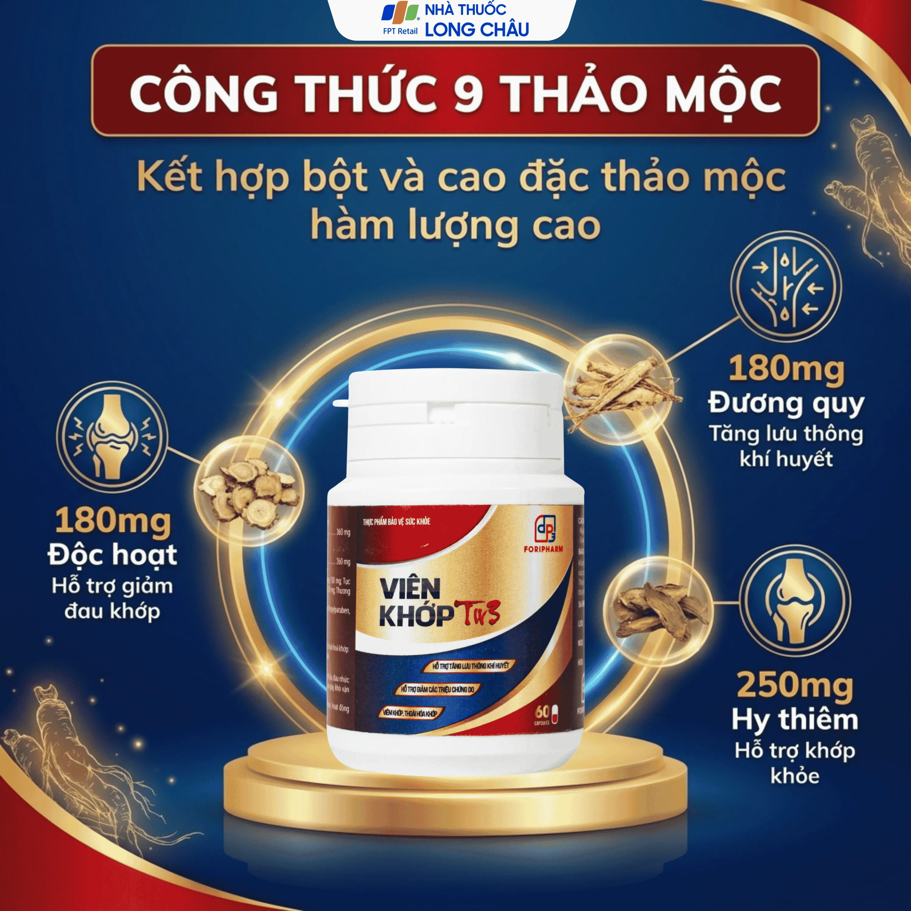 VIÊN UỐNG HỖ TRỢ GIẢM TRIỆU CHỨNG DO VIÊM KHỚP, THOÁI HOÁ KHỚP VIÊN KHỚP TW3 FORIPHARM 60V 3