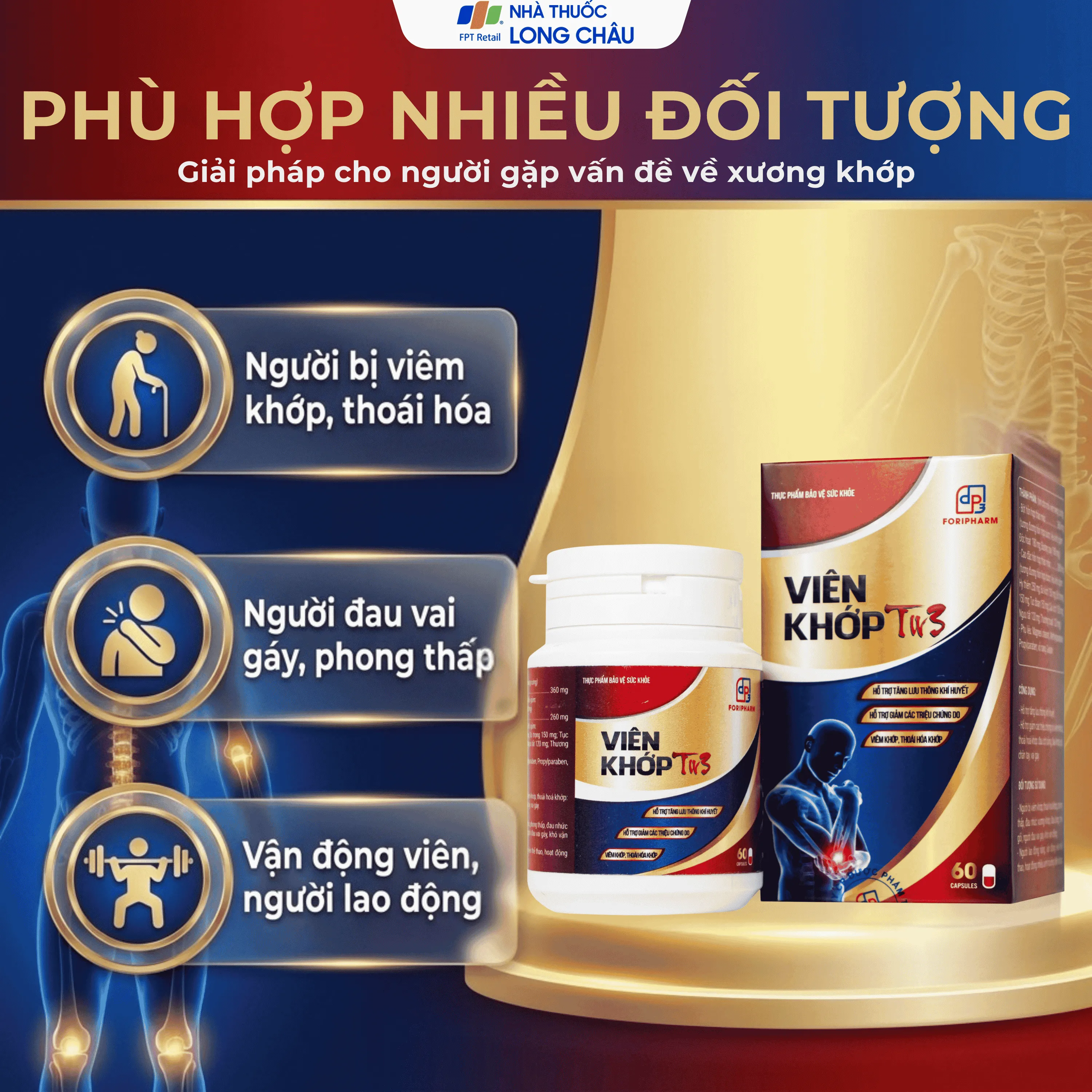 VIÊN UỐNG HỖ TRỢ GIẢM TRIỆU CHỨNG DO VIÊM KHỚP, THOÁI HOÁ KHỚP VIÊN KHỚP TW3 FORIPHARM 60V 4