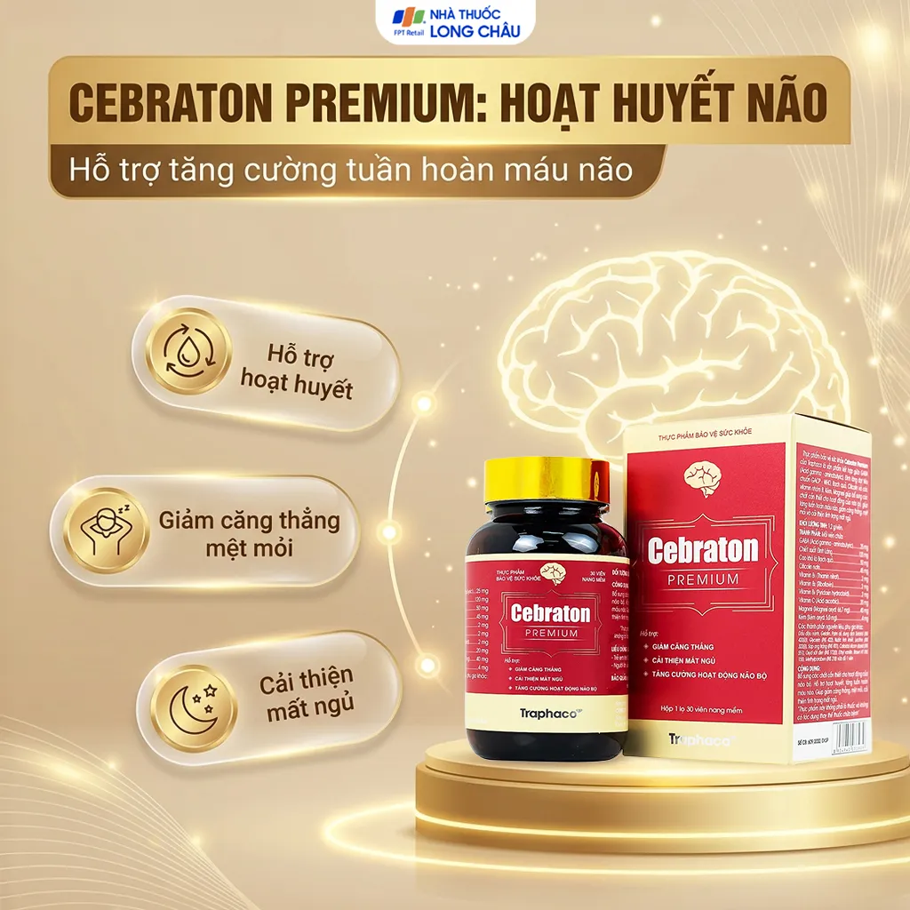 VIÊN UỐNG HỖ TRỢ GIẢM CĂNG THẲNG, CẢI THIỆN MẤT NGỦ, TĂNG CƯỜNG HOẠT ĐỘNG NÃO BỘ CEBRATON PREMIUM TRAPHACO 60V 2