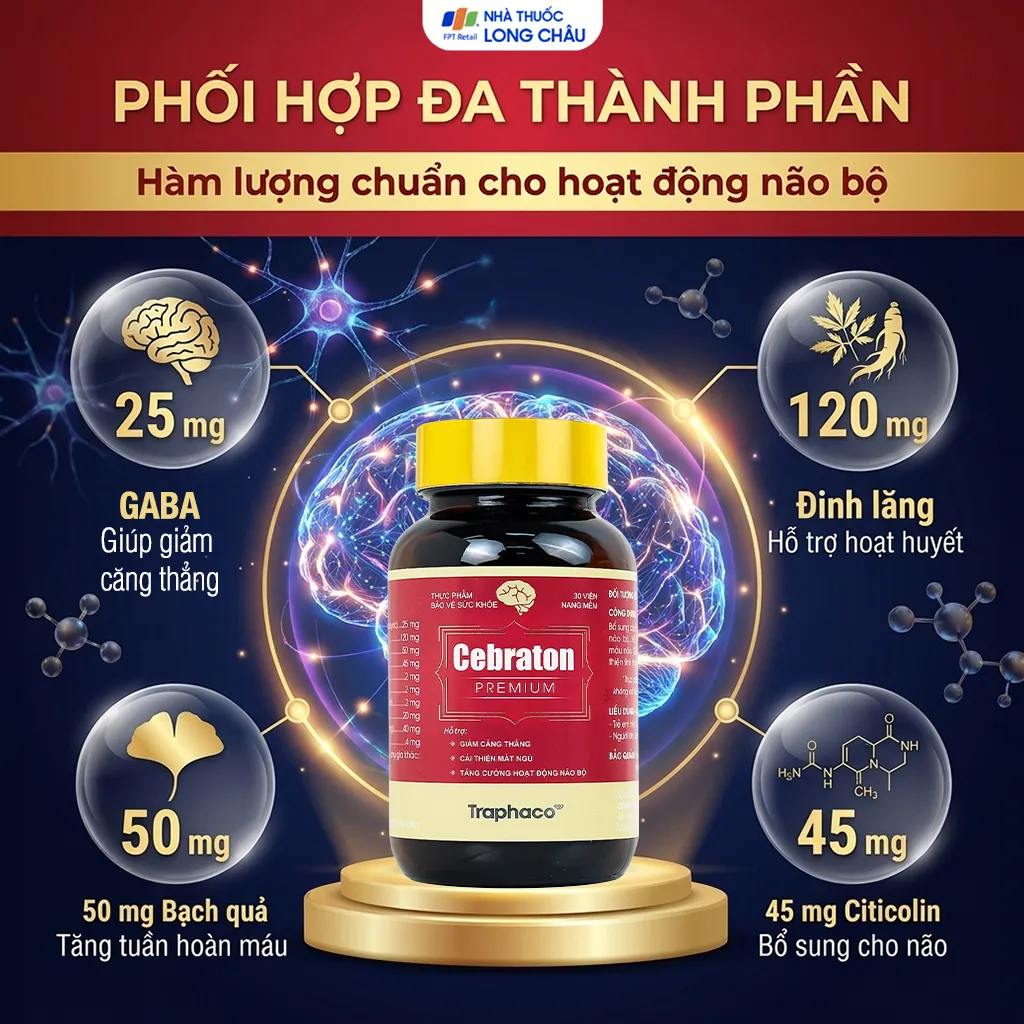 VIÊN UỐNG HỖ TRỢ GIẢM CĂNG THẲNG, CẢI THIỆN MẤT NGỦ, TĂNG CƯỜNG HOẠT ĐỘNG NÃO BỘ CEBRATON PREMIUM TRAPHACO 60V 3