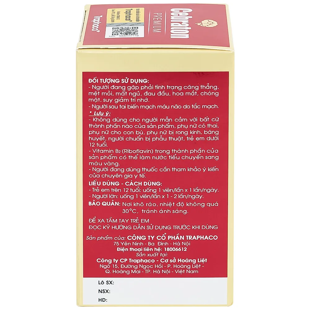 VIÊN UỐNG HỖ TRỢ GIẢM CĂNG THẲNG, CẢI THIỆN MẤT NGỦ, TĂNG CƯỜNG HOẠT ĐỘNG NÃO BỘ CEBRATON PREMIUM TRAPHACO 60V 9