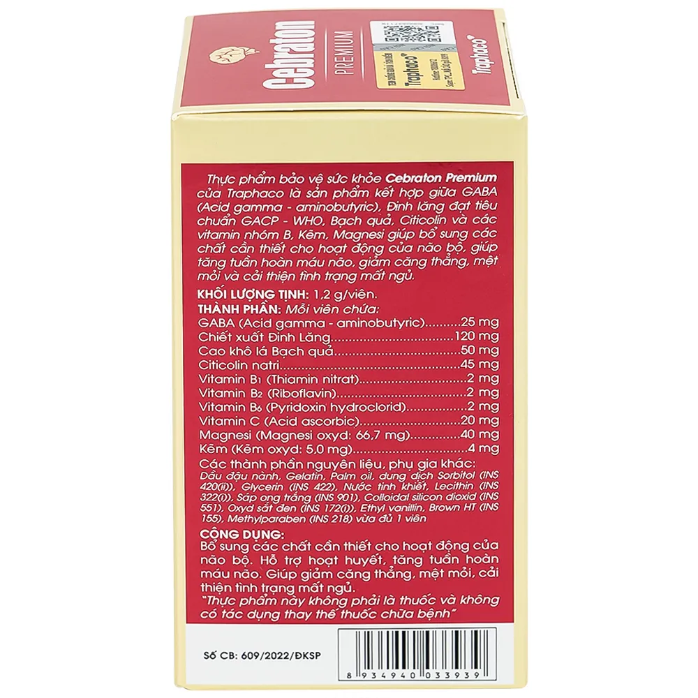 VIÊN UỐNG HỖ TRỢ GIẢM CĂNG THẲNG, CẢI THIỆN MẤT NGỦ, TĂNG CƯỜNG HOẠT ĐỘNG NÃO BỘ CEBRATON PREMIUM TRAPHACO 60V 10