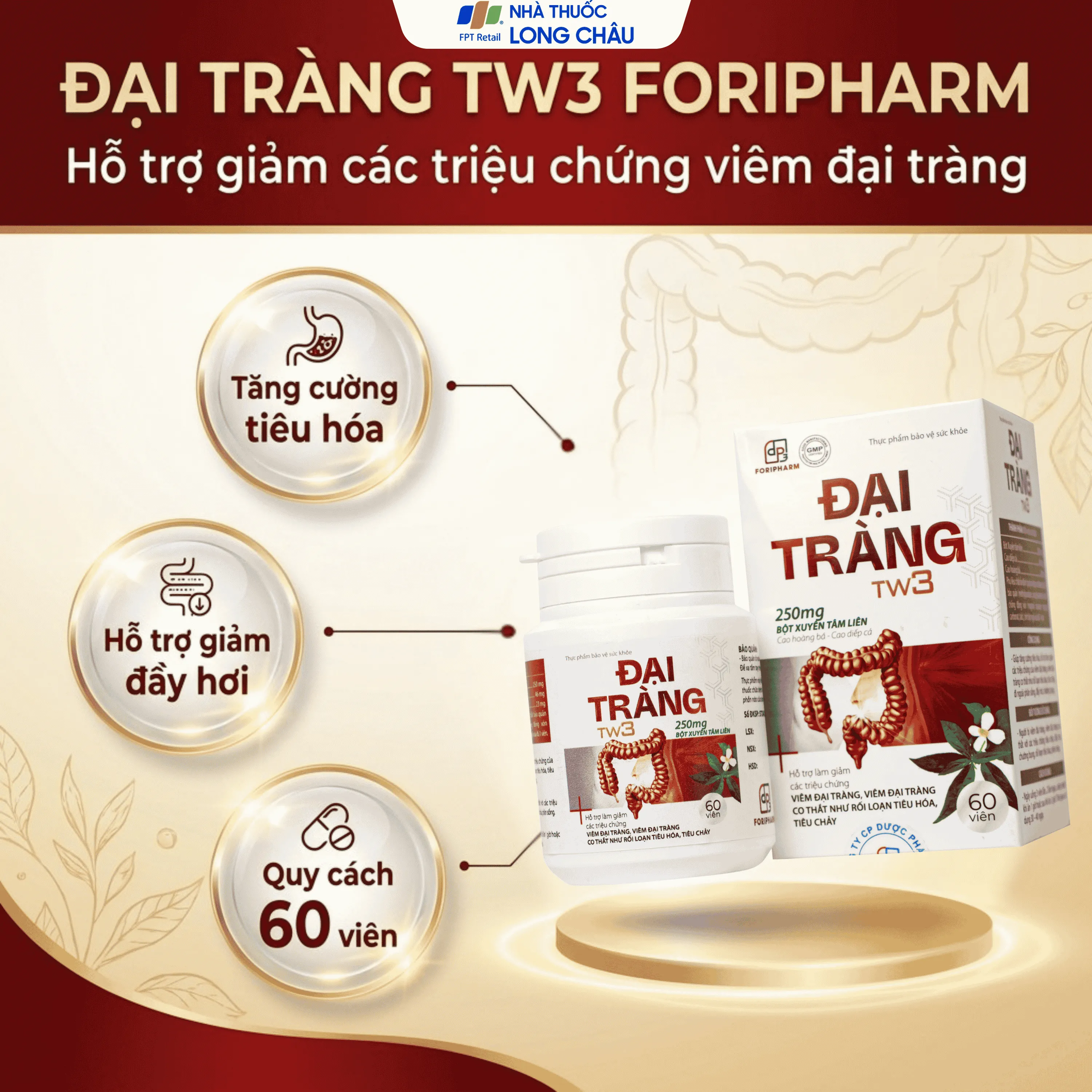 VIÊN UỐNG HỖ TRỢ LÀM GIẢM CÁC TRIỆU CHỨNG VIÊM ĐẠI TRÀNG, TĂNG CƯỜNG TIÊU HOÁ ĐẠI TRÀNG TW3 FORIPHARM 60V 2