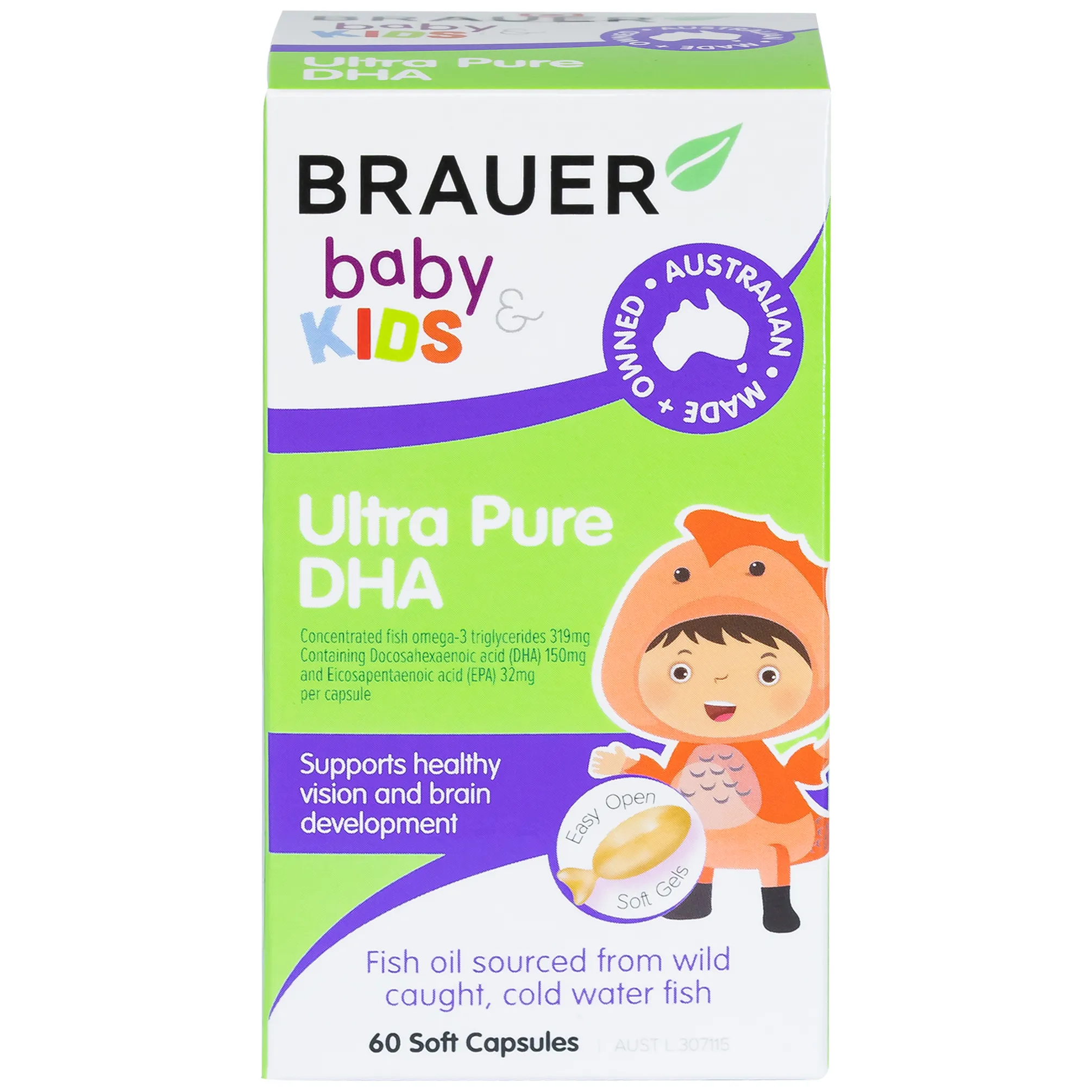 VIÊN UỐNG HỖ TRỢ PHÁT TRIỂN NÃO BỘ BRAUER BABY & KIDS ULTRA PURE DHA 60V 14