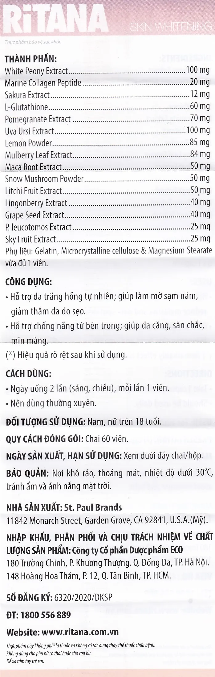 Viên uống Ritana Skin Whitening Ecogreen hỗ trợ da trắng hồng tự nhiên, giúp làm mờ sạn nám (60 viên) 6