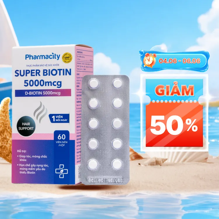 Viên uống Pharmacity Super Biotin 5000mcg hỗ trợ hạn chế gãy rụng tóc, móng mềm (60 viên nén)