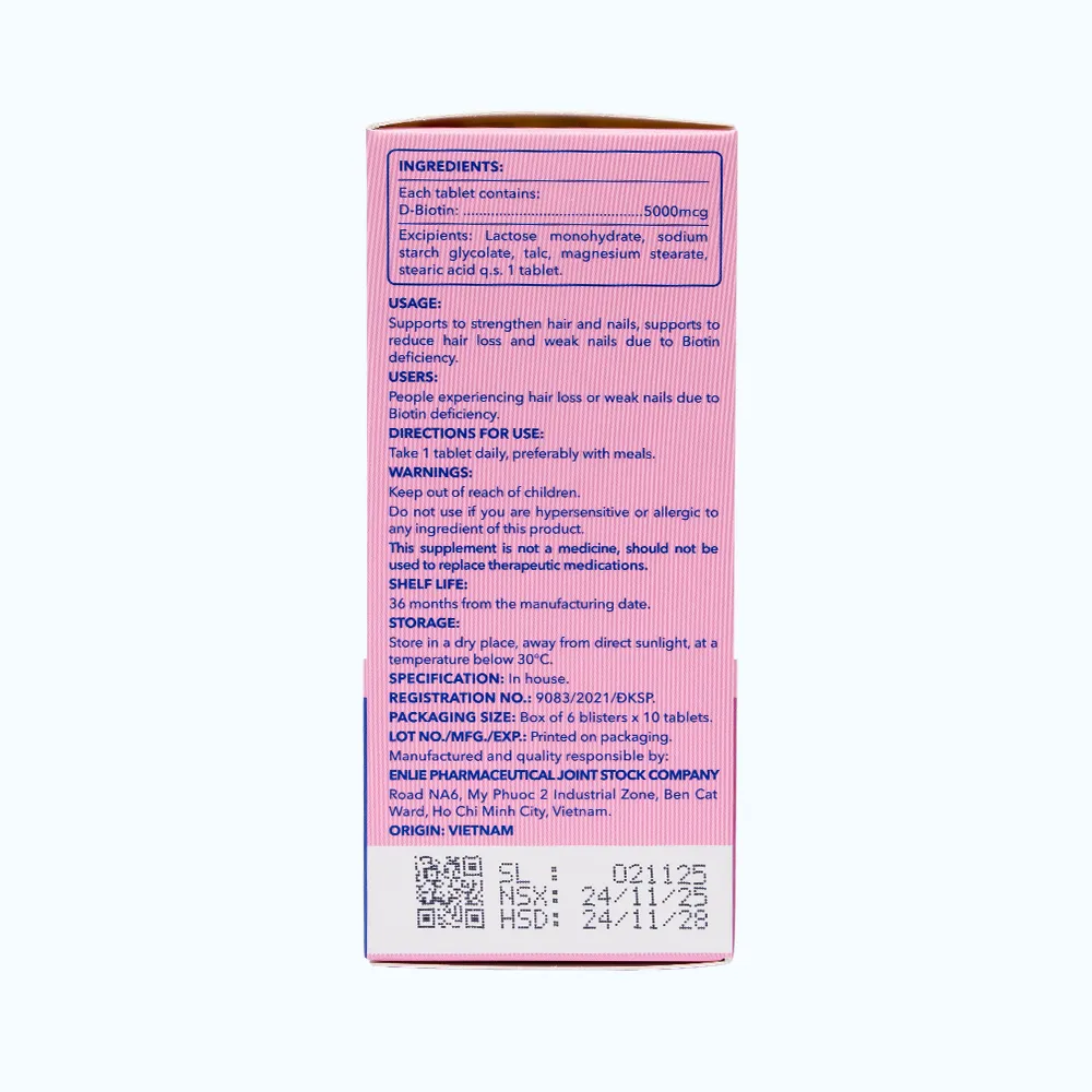 Viên uống Pharmacity Super Biotin 5000mcg hỗ trợ hạn chế gãy rụng tóc, móng mềm (60 viên nén) 5
