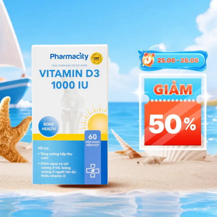 Viên uống Pharmacity Vitamin D3 1000 IU hỗ trợ tăng cường hấp thu Calci (60 viên nang mềm)