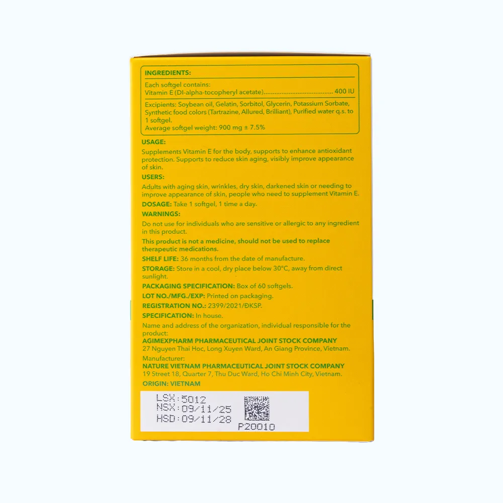 Viên uống Pharmacity Vitamin E 400IU (lọ 60 viên) làm đẹp da, chống oxy hóa 5