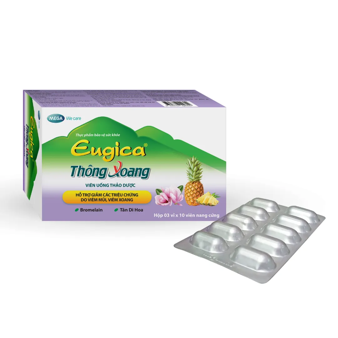 Viên Uống Thảo Dược Eugica Thông Xoang hỗ trợ giảm các triệu chứng nghẹt mũi, sổ mũi, đau đầu do viêm mũi, viêm xoang (03 vỉ x 10 viên)