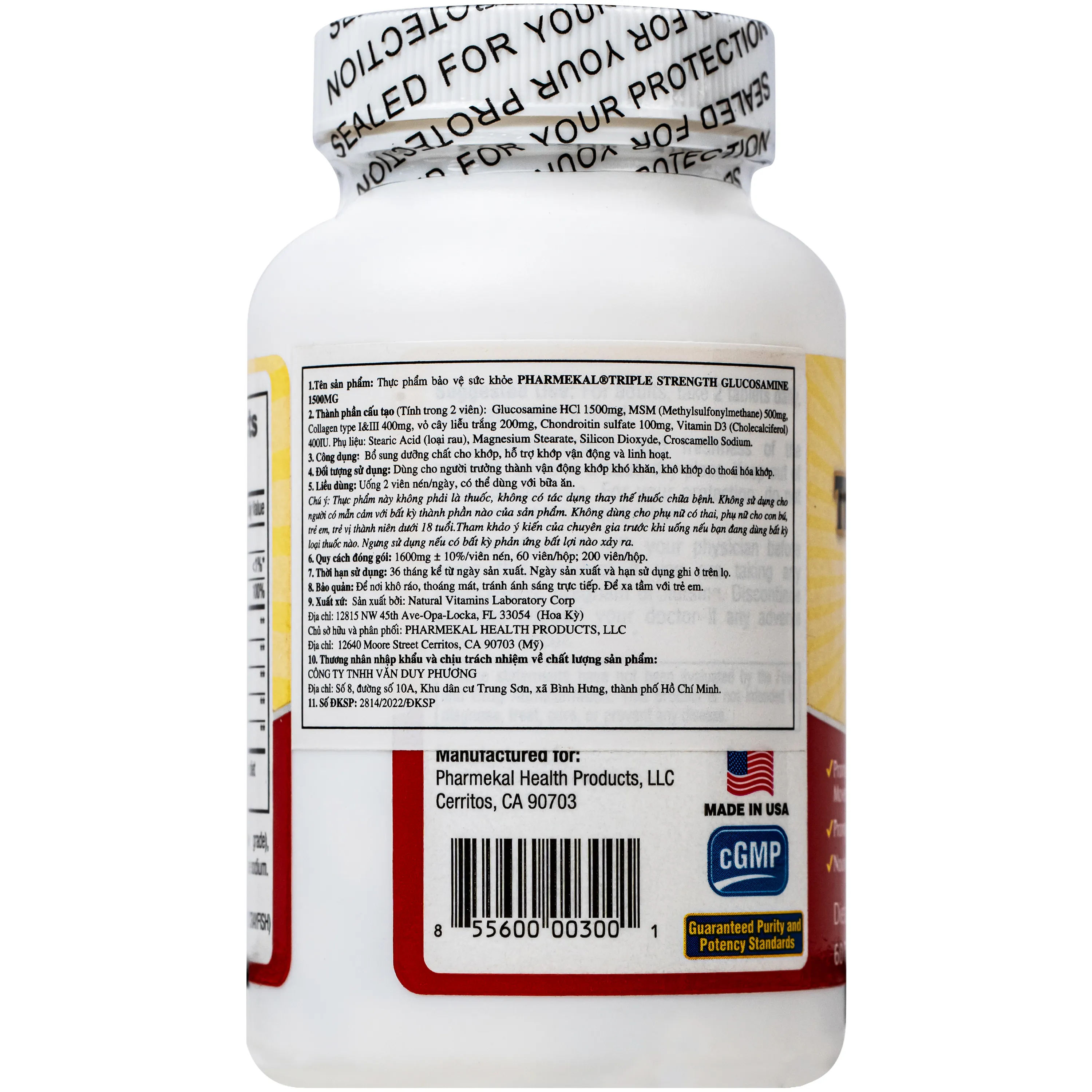VIÊN XƯƠNG KHỚP TRIPLE STRENGTH GLUCOSAMINE 1500MG PHARMEKAL 60V 2