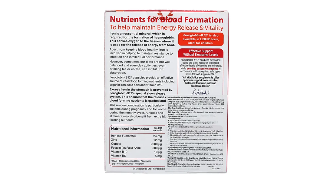 VIÊN UỐNG HỖ TRỢ TĂNG KHẢ NĂNG TẠO MÁU FEROGLOBIN B12 VITABIOTICS 30V 17