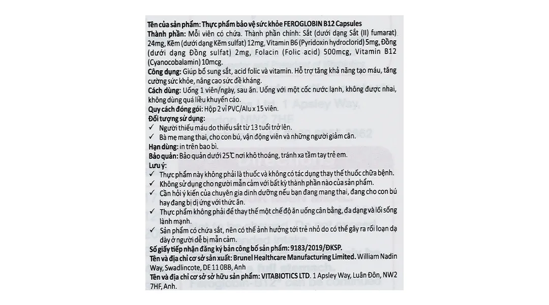 VIÊN UỐNG HỖ TRỢ TĂNG KHẢ NĂNG TẠO MÁU FEROGLOBIN B12 VITABIOTICS 30V 21