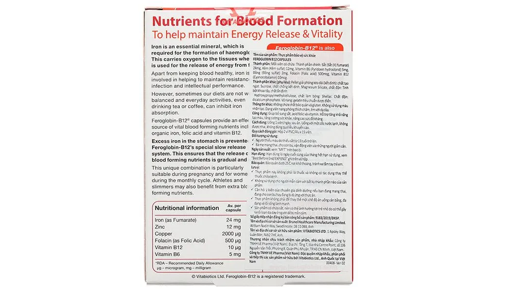 VIÊN UỐNG HỖ TRỢ TĂNG KHẢ NĂNG TẠO MÁU FEROGLOBIN B12 VITABIOTICS 30V 5