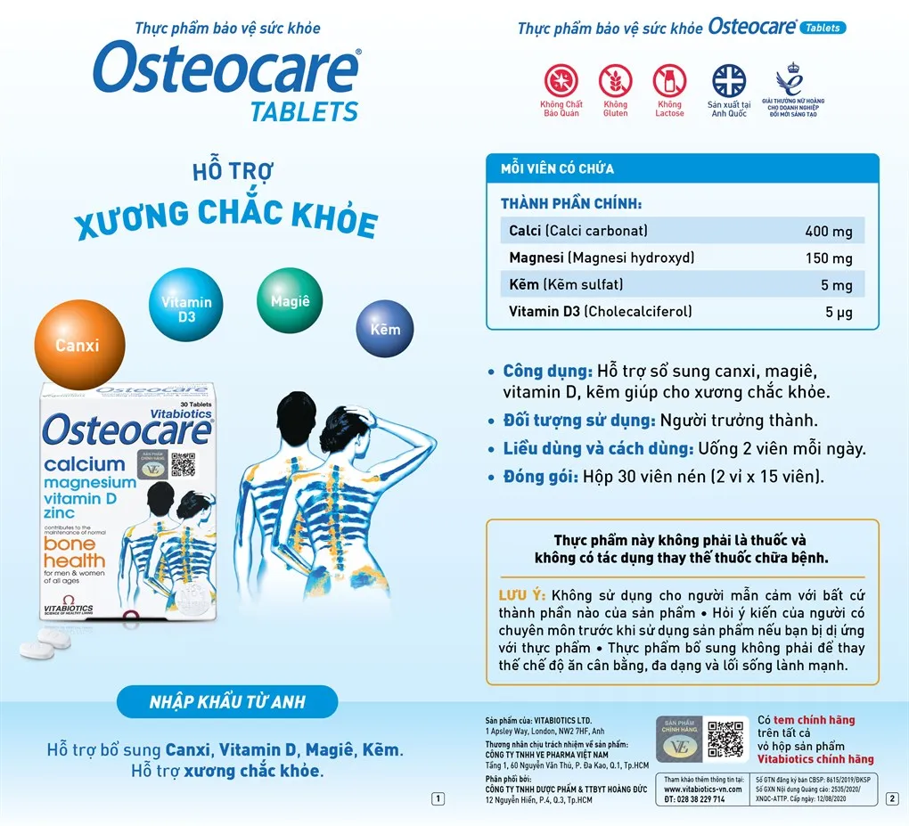 VIÊN UỐNG GIÚP XƯƠNG CHẮC KHỎE OSTEOCARE VITABIOTICS 2X15 9