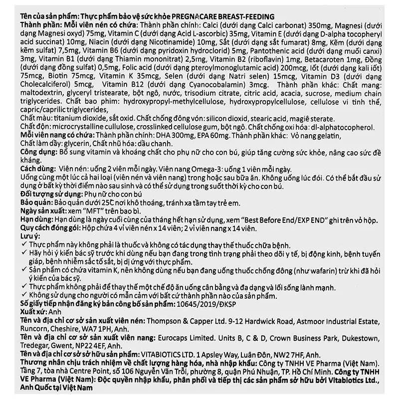 VIÊN UỐNG HỖ TRỢ CHO PHỤ NỮ CHO CON BÚ PREGNACARE BREAST-FEEDING VITABIOTICS 84V 12