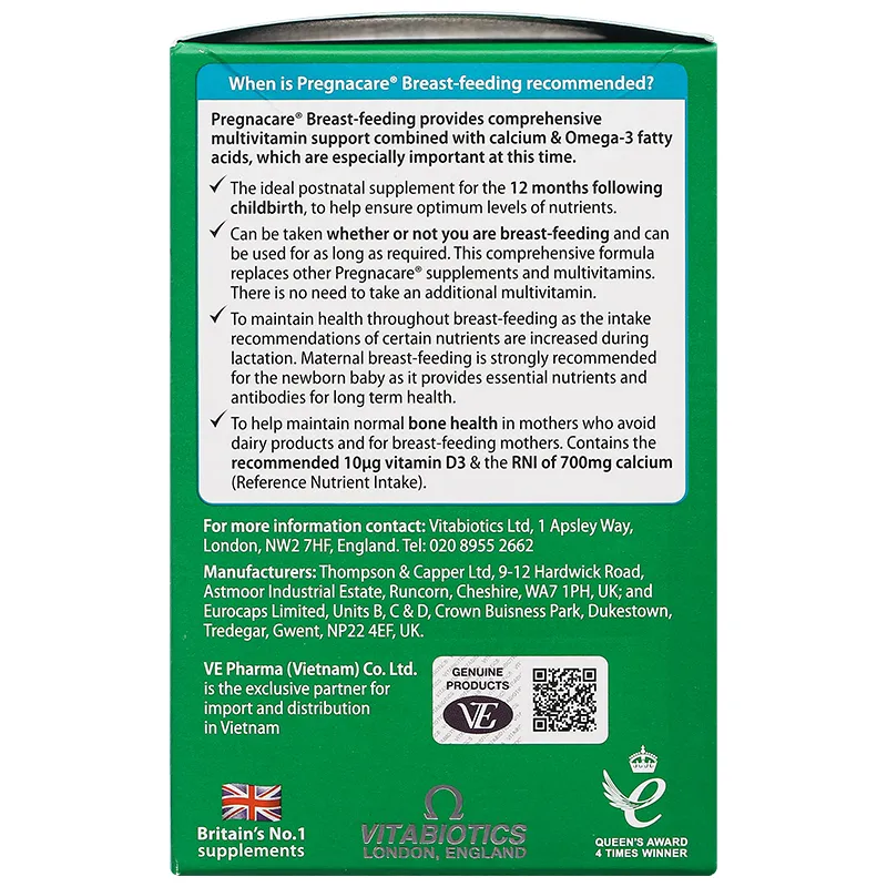VIÊN UỐNG HỖ TRỢ CHO PHỤ NỮ CHO CON BÚ PREGNACARE BREAST-FEEDING VITABIOTICS 84V 5