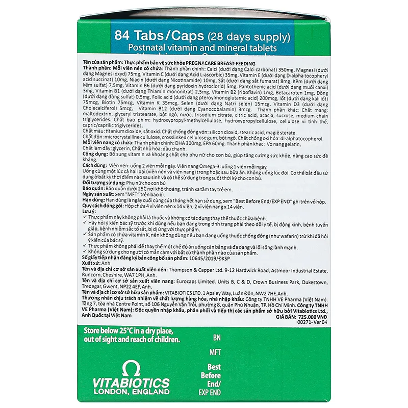 VIÊN UỐNG HỖ TRỢ CHO PHỤ NỮ CHO CON BÚ PREGNACARE BREAST-FEEDING VITABIOTICS 84V 6