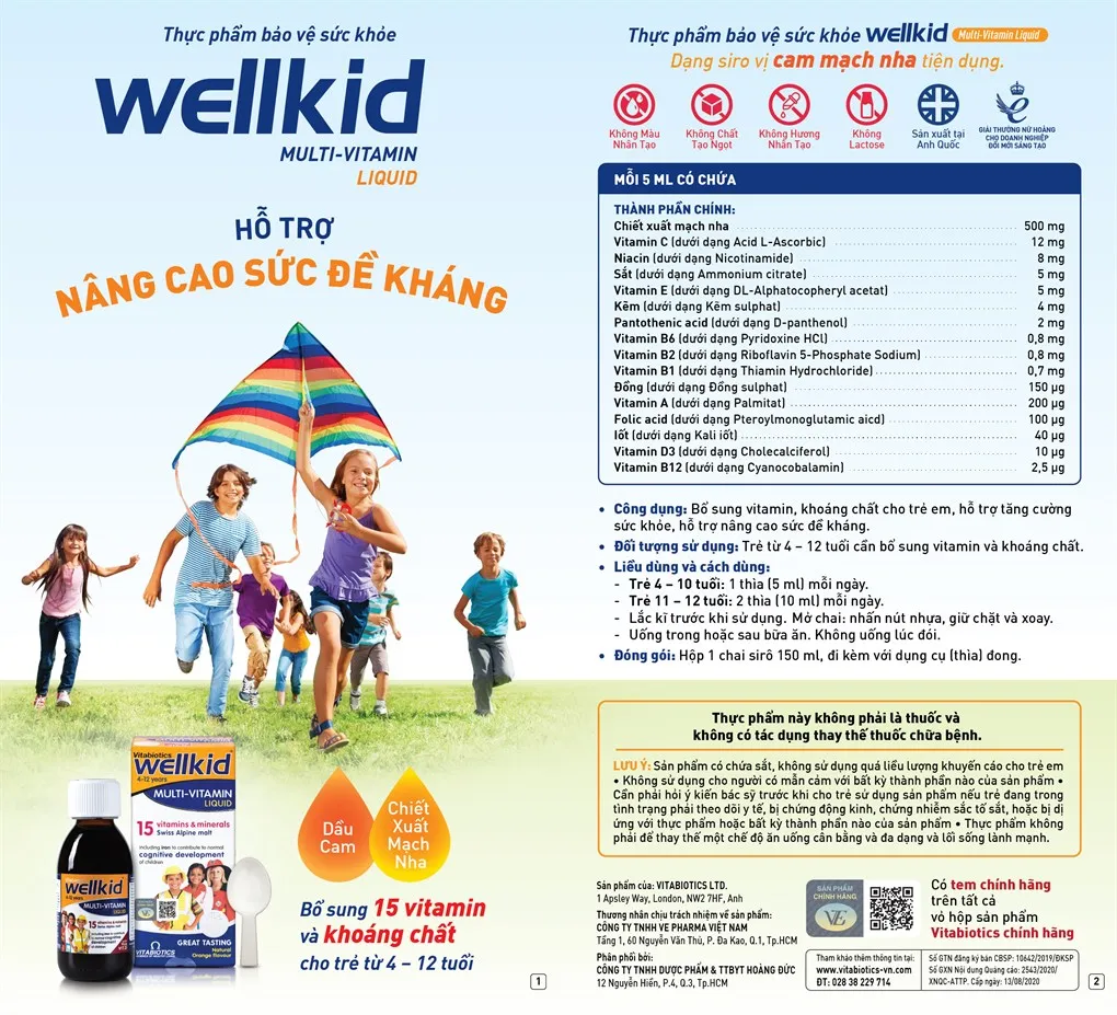 SIRO BỔ SUNG VITAMIN KHOÁNG CHẤT CHO TRẺ WELLKID MULTI-VITAMIN LIQUID VITABIOTICS 150ML 9