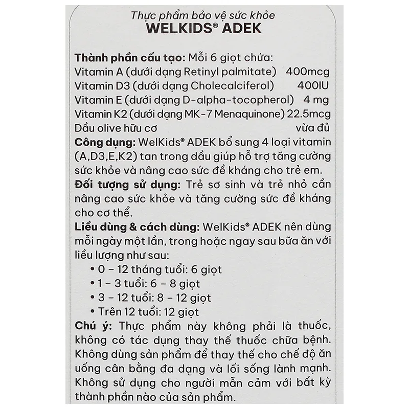 Welkids ADEK hỗ trợ tăng cường sức khỏe cho trẻ em chai 10ml 8